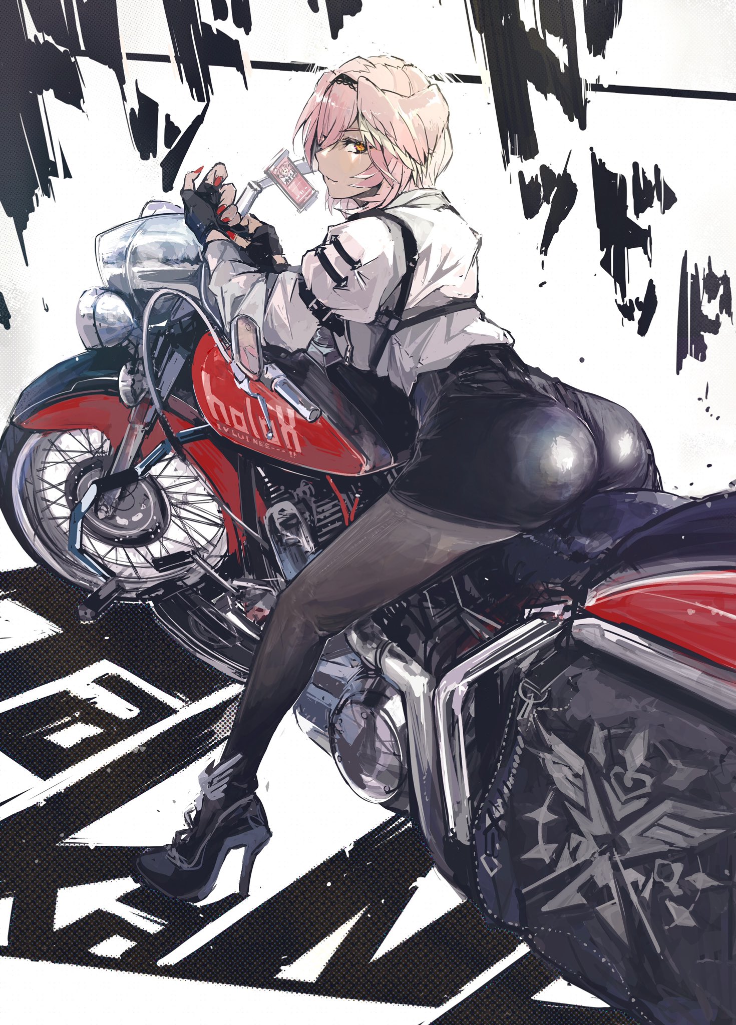 1girls, 2d, ass, back view, big ass, big butt, bike, biker, bird girl, boobs, breasts, clothed, clothing, digital drawing (artwork), eokakuman, fat ass, female, female focus, female only, fingerless gloves, fingers, fully clothed, hair, heels, high heels, hips, hololive, hololive japan, holox, large ass, large breasts, large butt, legs, legs apart, light skin, light-skinned female, looking at viewer, motorcycle, open eyes, orange eyes, pink hair, short hair, sitting, takane lui, thighs, tight clothes, tight clothing, tight pants, tits, vehicle, virtual youtuber
