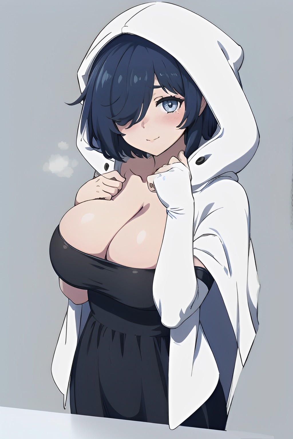 1boy 1girls 2d ai_generated big_breasts blue_eyes blue_hair blush breasts cleavage cloak clothing cute dress female gloves hair_over_one_eye hood hoodie huge_breasts large_breasts light-skinned_female light-skinned_male light_skin looking_at_viewer lunalynn mature_female mementomori_(game) nopemope26 robe short_hair uncensored