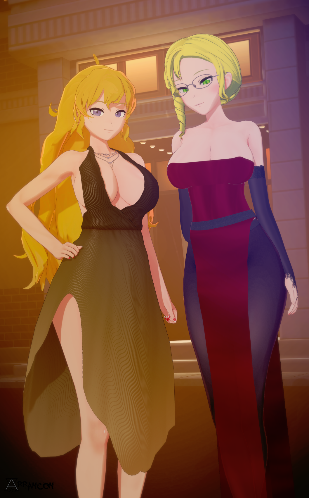 2girls arrancon black_dress blonde_female blonde_hair cleavage dress glasses glynda_goodwitch green_eyes long_hair long_hair_female multiple_girls posing purple_dress purple_eyes rwby student_and_teacher yang_xiao_long