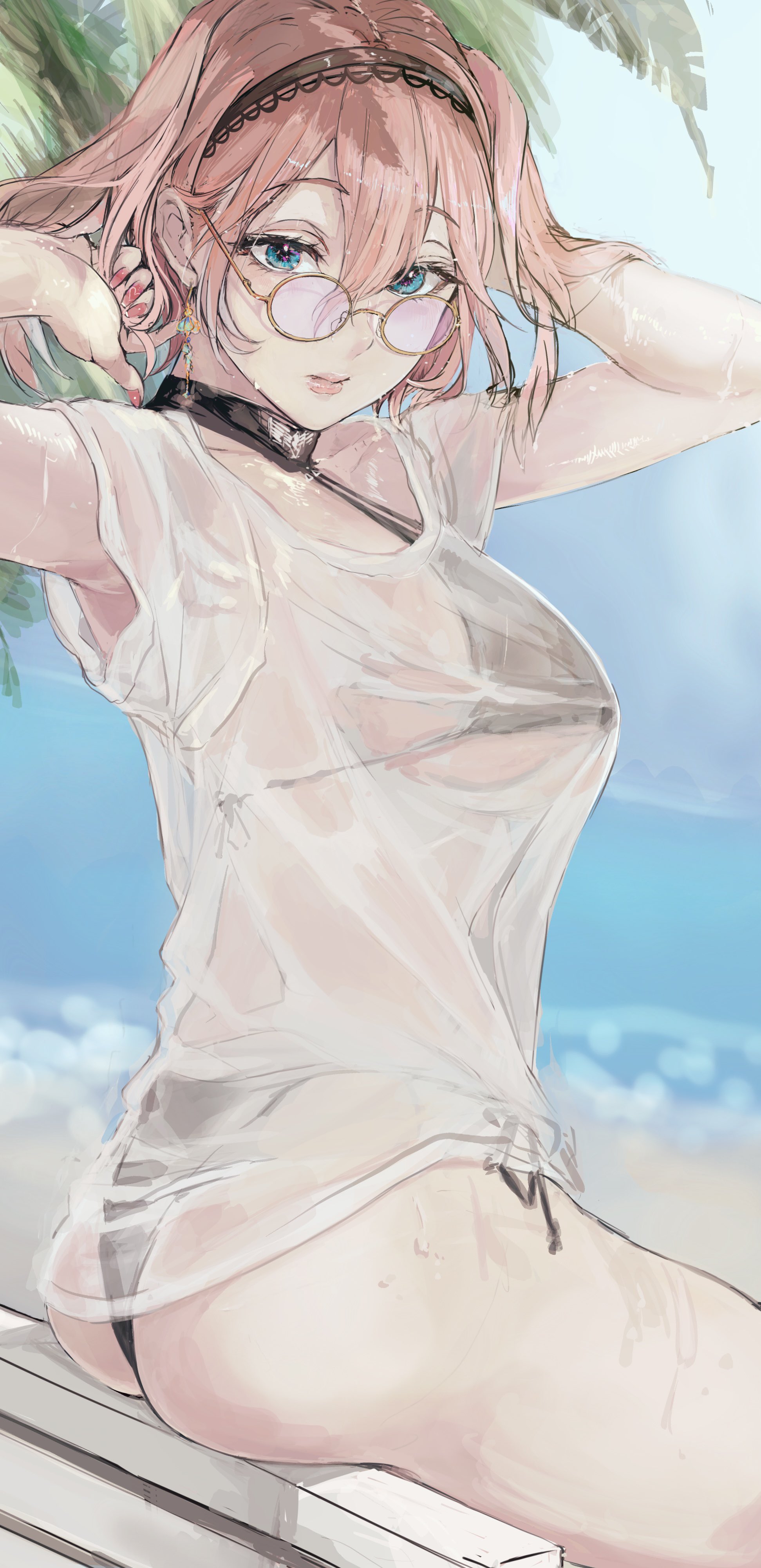 1girls, 2d, arms, ass, beach, big ass, big butt, bikini, bird girl, blue eyes, boobs, breasts, circle glasses, clothed, digital drawing (artwork), eokakuman, female, female focus, female only, flipped hair, glasses, hair, hands, hands behind head, hololive, hololive japan, holox, large breasts, legs, light skin, light-skinned female, looking at viewer, open eyes, outdoors, partially clothed, pink hair, round glasses, see-through, see-through clothing, short hair, sitting, string bikini, string panties, swimsuit, swimwear, takane lui, tits, virtual youtuber, wet, wet body, wet clothes