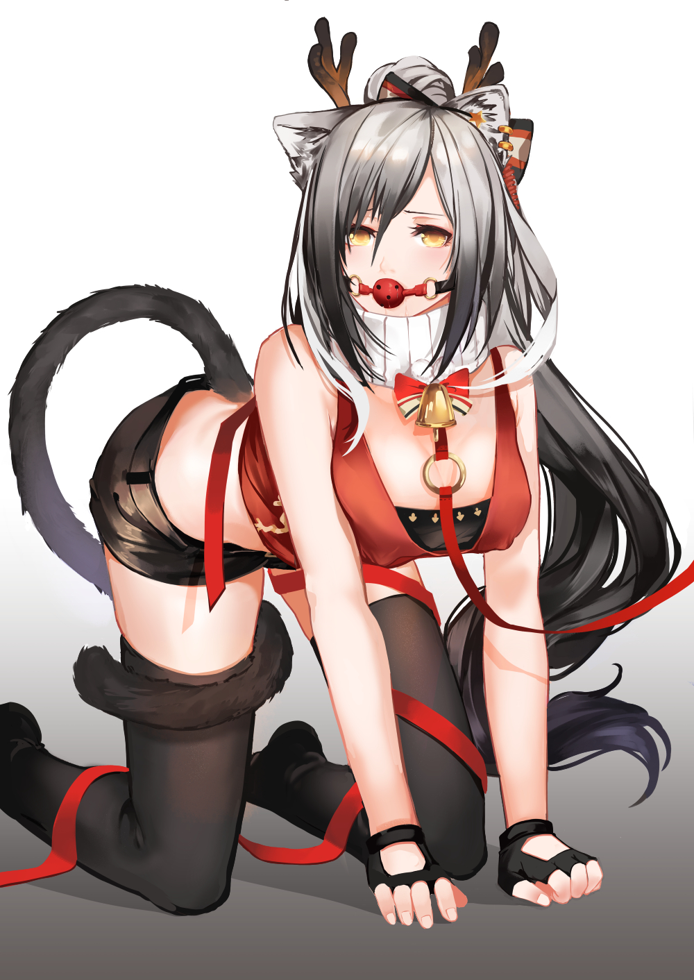 1girls antlers arknights ball_gag bell black_shorts bondage breasts cat_ears cat_tail catgirl crop_top fake_antlers fingerless_gloves gag gagged gloves grey_hair hairbow iceky leash long_hair looking_at_viewer medium_breasts midriff pet_play petplay red_crop_top scarf schwarz_(arknights) short_shorts shorts thighhighs yellow_eyes