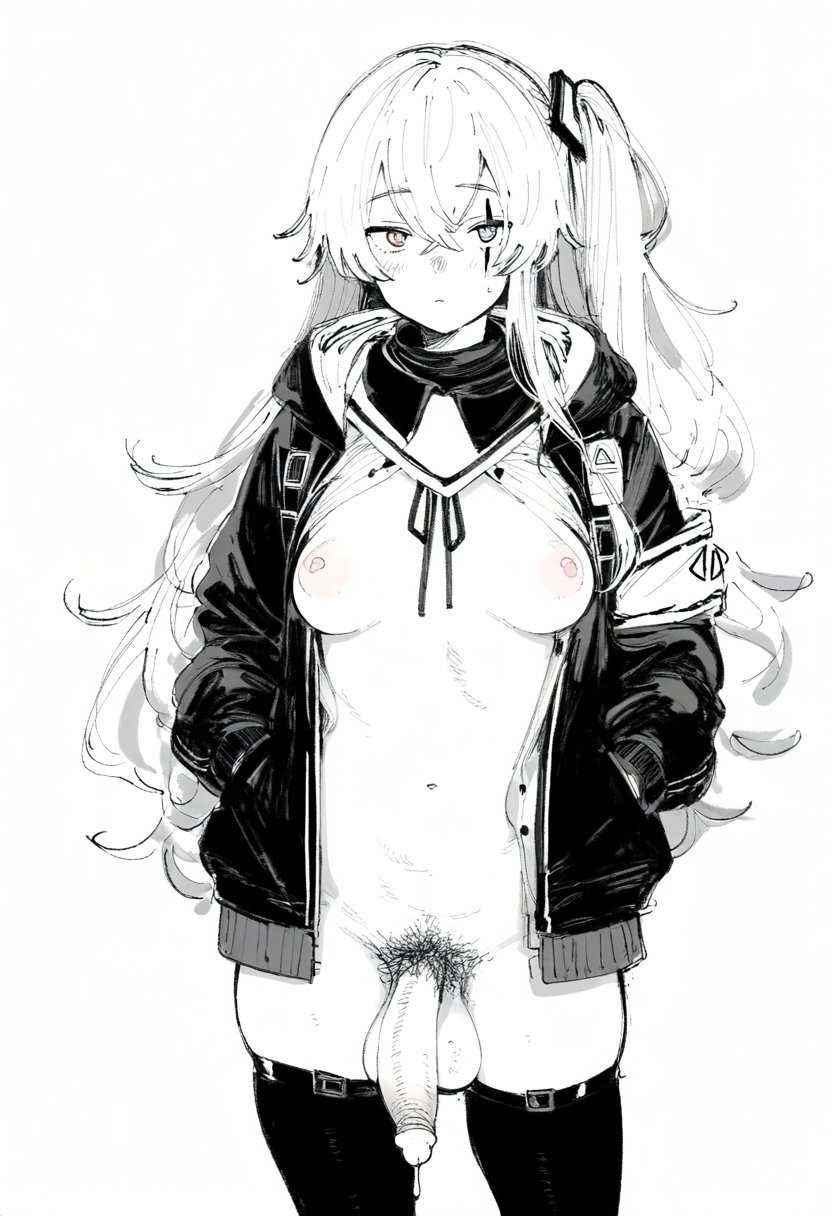 1futa ai_generated armband balls blush bottomless breasts clothed clothing cum flaccid full-package_futanari futa_only futanari girls'_frontline hair_between_eyes highres huge_balls human jacket kchwng1 long_hair looking_at_viewer monochrome mostly_nude muffin_top nipples penis precum skindentation skirt solo standing thighhighs ump45_(girls'_frontline) white_background