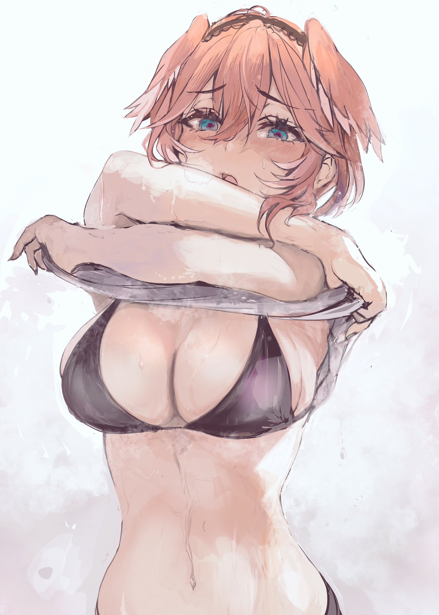 1girls, 2d, armpits, arms, belly, belly button, bikini top, bird girl, blue eyes, blush, blush lines, blushing, boobs, bra, breasts, busty, clothed, clothing, digital drawing (artwork), eokakuman, female, female focus, female only, front view, hair, hololive, hololive japan, holox, large breasts, light skin, light-skinned female, looking at viewer, navel, open eyes, open mouth, partially clothed, pink hair, shirt lift, short hair, standing, steam, steaming body, steamy breath, stomach, sweat, sweating, sweaty, takane lui, taking clothes off, taking off shirt, tits, tummy, undressing, virtual youtuber, waist