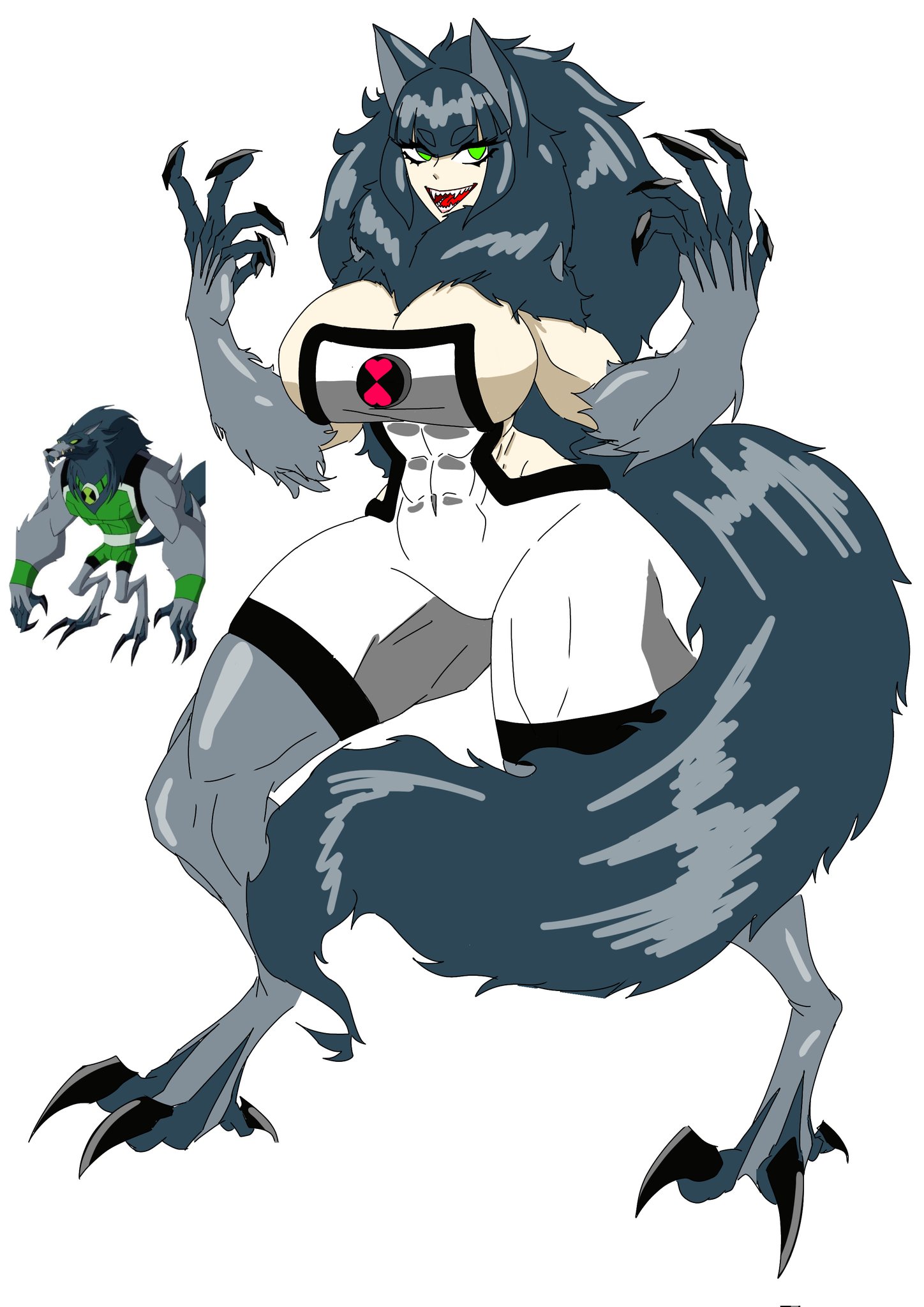 abs, alien, ben 10, big breasts, blitzwolfer, bodysuit, breasts, chaquetrix, cleavage, female, green eyes, huge breasts, large breasts, loboan, muscular, muscular female, nistuga itnas, strapless, thick thighs, white background, wide hips, wolf ears, wolf girl, wolf tail