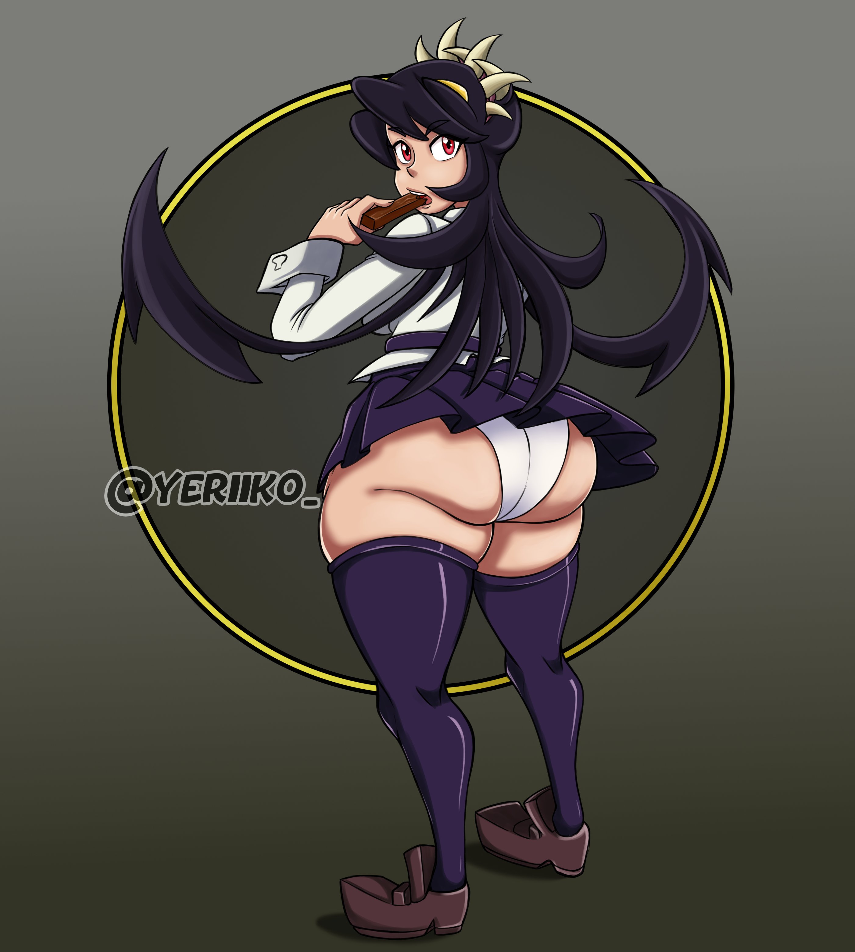 1girls, ass, ass focus, big ass, black hair, black skirt, black thighhighs, bottomwear, bubble ass, bubble butt, chocolate bar, clothing, fat ass, female, female only, filia (skullgirls), footwear, huge ass, legwear, long hair, looking back, panties, red eyes, shoes, skirt, skullgirls, solo, solo female, thick thighs, thighhighs, thighs, topwear, white panties, yeriiko