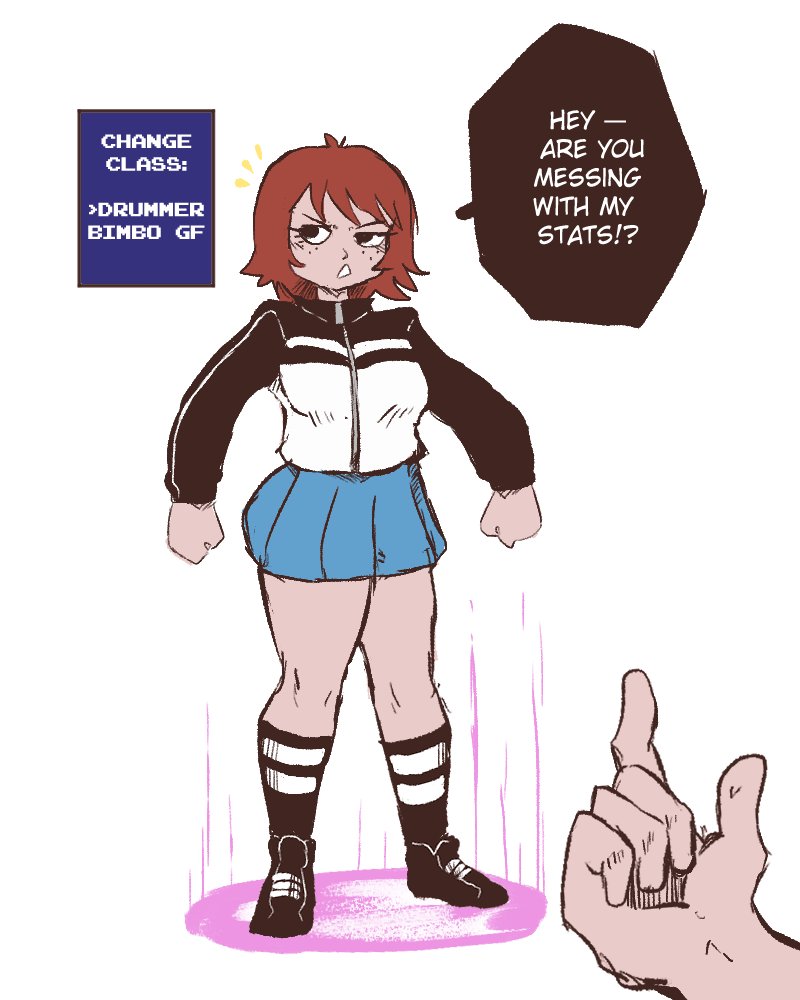 1girls abryssle bimbo bimbofication brain_drain breast_expansion clothed female freckles hypnosis kim_pine mind_break mind_control original original_character red_hair scott_pilgrim shishikasama text text_bubble transformation