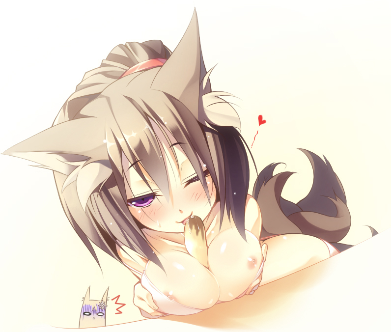 1girls animal_ears areolae breast_squeeze breasts character_request female female_only fox_ears fox_tail grey_hair heart multi_tail multiple_tails nekomu nipples original purple_eyes saliva sexually_suggestive straight_hair tail wink