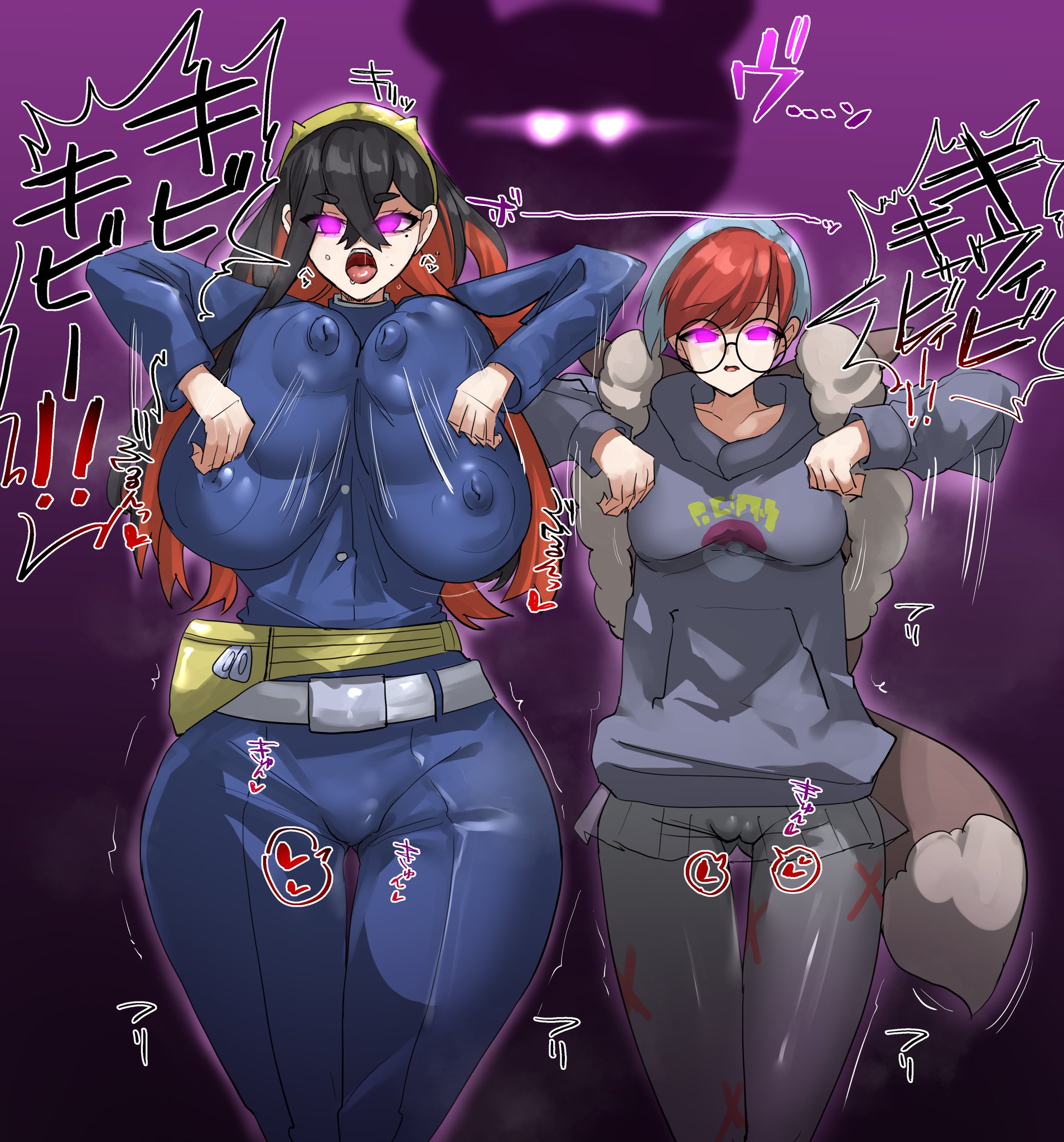 2girls, alternate breast size, big breasts, big thighs, breasts, carmine (pokemon), close rim open, corruption, dancing, female, height difference, huge breasts, humiliation, hypnosis, mind control, mochi mayhem, multiple females, multiple girls, pecharunt, penny (pokemon), pokémon (species), pokemon, pokemon (species), pokemon sv, pokemon sv mochi mayhem, size difference, two-tone hair
