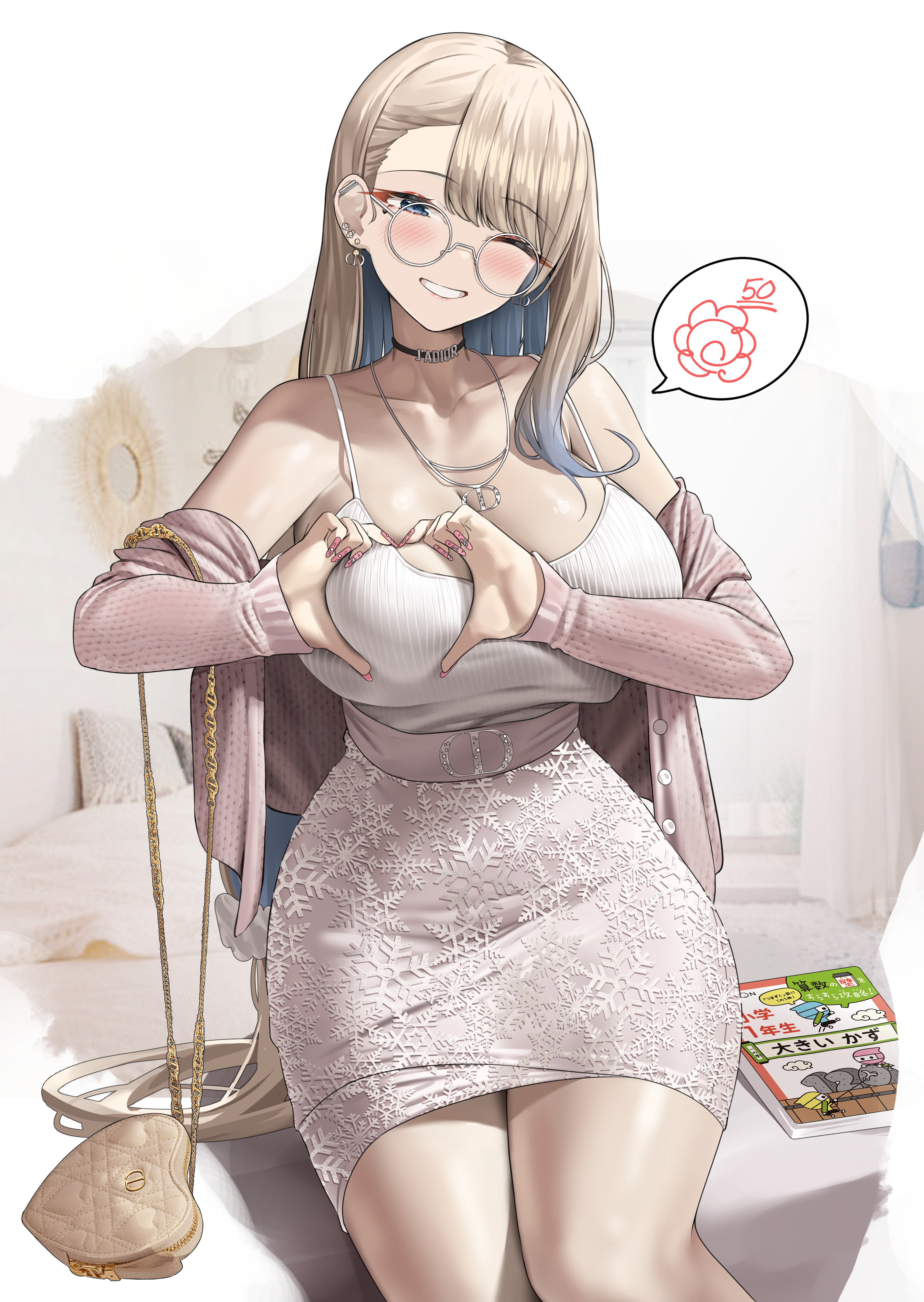 1girls, blonde hair, breasts, female, heart sign, hi res, hips, huge breasts, kuse (0201), light skin, light-skinned female, long hair, naughty face, original, original character, thick thighs, thighs, wide hips