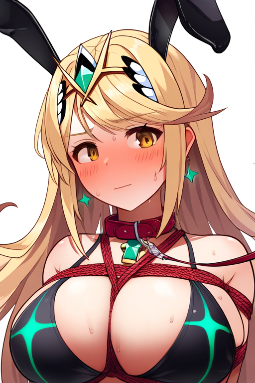 ai_generated blonde_hair bondage bound collar collar_and_leash embarrassed golden_eyes huge_breasts leash leash_pull mythra swimsuit tiques xenoblade_(series) xenoblade_chronicles_2