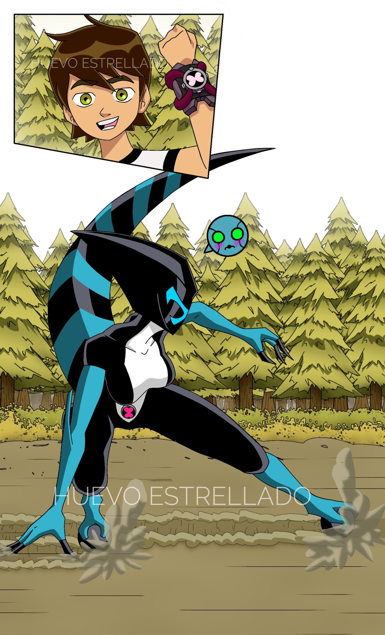 1boy, 1girls, ben 10, ben tennyson, blue skin, chaquetrix, day, embarrassed, female, forest, helmet, huevoestrellado, kineceleran, male, mask, outside, pout, running, sky, smile, tail, xlr8