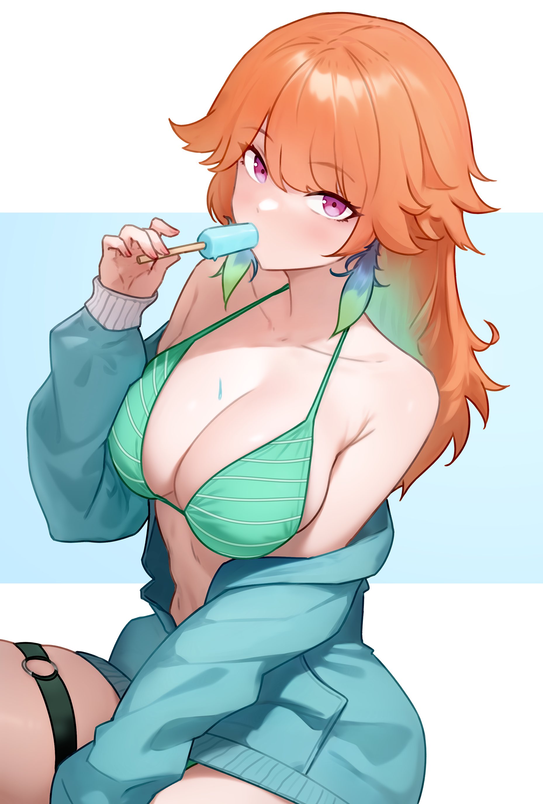1girls, bikini, bluefield, breasts, female, higher resolution available, hololive, hololive english, hololive myth, large breasts, light skin, light-skinned female, long hair, orange hair, purple eyes, takanashi kiara, thick thighs, virtual youtuber