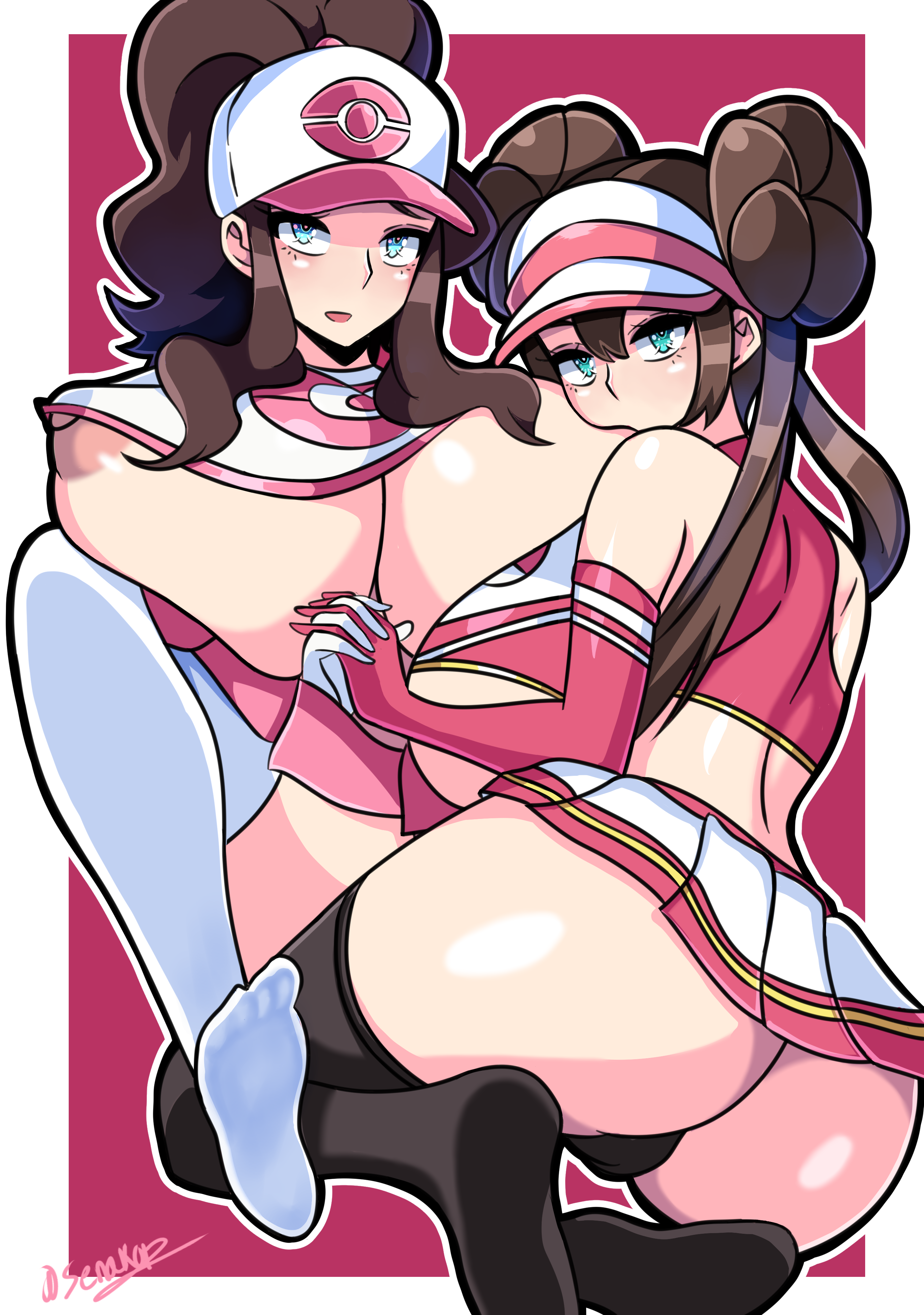 2girls, alternate breast size, ass, big breasts, breasts, brown hair, female, game freak, hat, hilda (pokemon), huge breasts, light skin, light-skinned female, long hair, looking at viewer, multiple females, multiple girls, nintendo, pokemon, pokemon (game), pokemon bw, pokemon bw2, ponytail, rosa (pokemon), senak012, twin buns, twintails