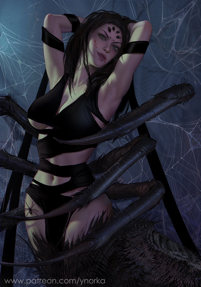 1girls 2d 2d_(artwork) 2d_artwork armpits black_clothing black_hair blood blood_drops claws clothed clothing dark_hair female green_eyes half-dressed half-naked hand_behind_head hands_behind_head long_hair middle-earth_(tolkien) monster monster_girl seductive seductive_look seductive_smile shadow_of_war shelob spider ynorka