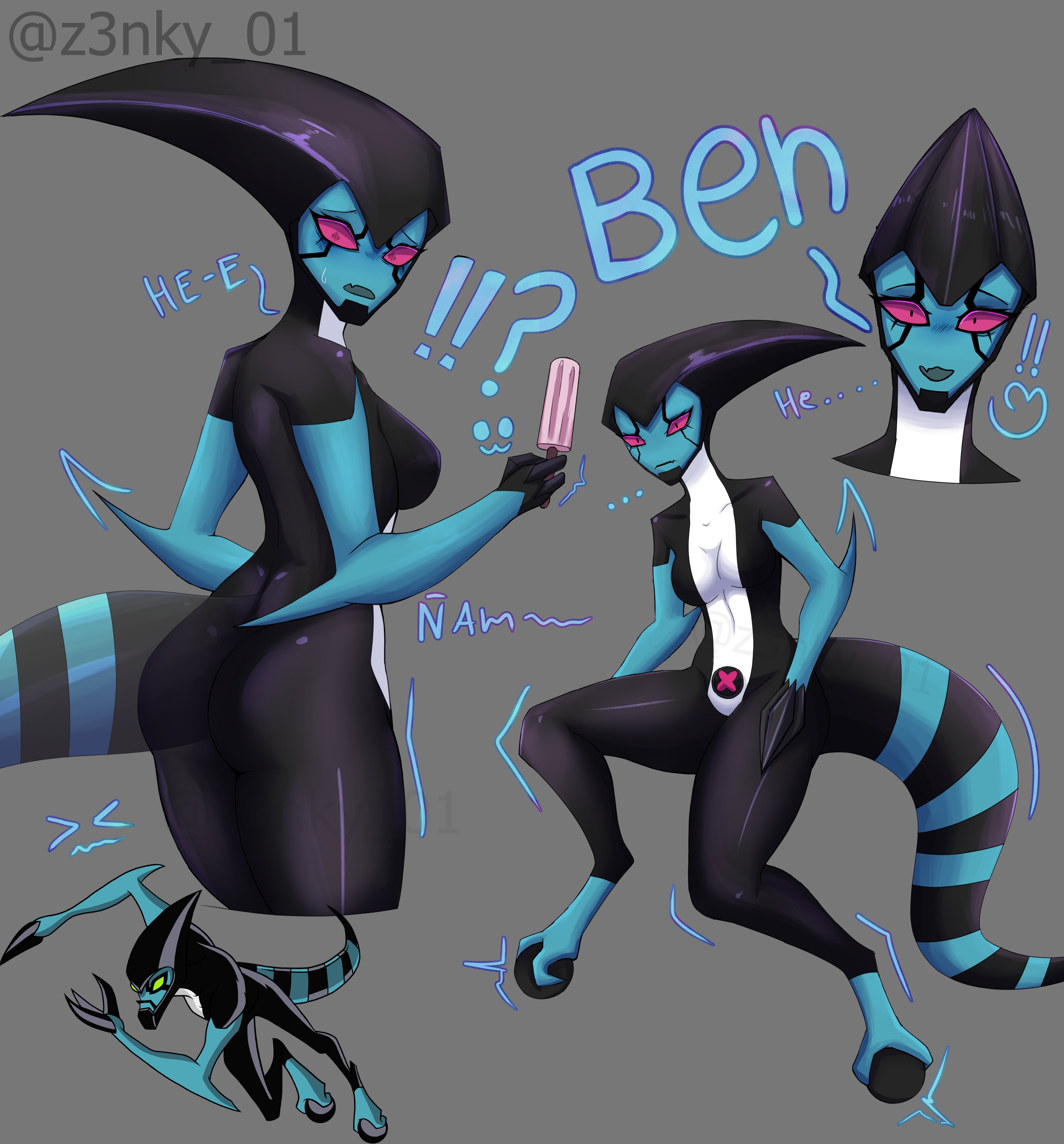 ben 10, blue skin, breasts, chaquetrix, female, helmet, kineceleran, large breasts, pink hair, popsicle, smile, tail, xlr8, zenky