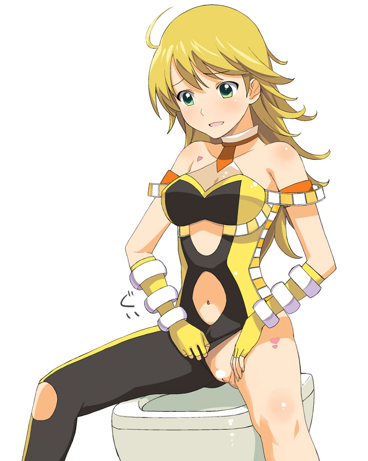 1girls 2010 a1 ahoge asymmetrical_clothes bare_shoulders blonde_hair blush censored cleft_of_venus clothing_aside cosmic_&_funny_(idolmaster) costume_aside female female_only fingerless_gloves gloves green_eyes happy_female has_uncensored_version heart hoshii_miki idolmaster idolmaster_(classic) leotard leotard_aside long_hair navel pussy simple_background solo tattoo the_idolm@ster thin_female toilet toilet_use