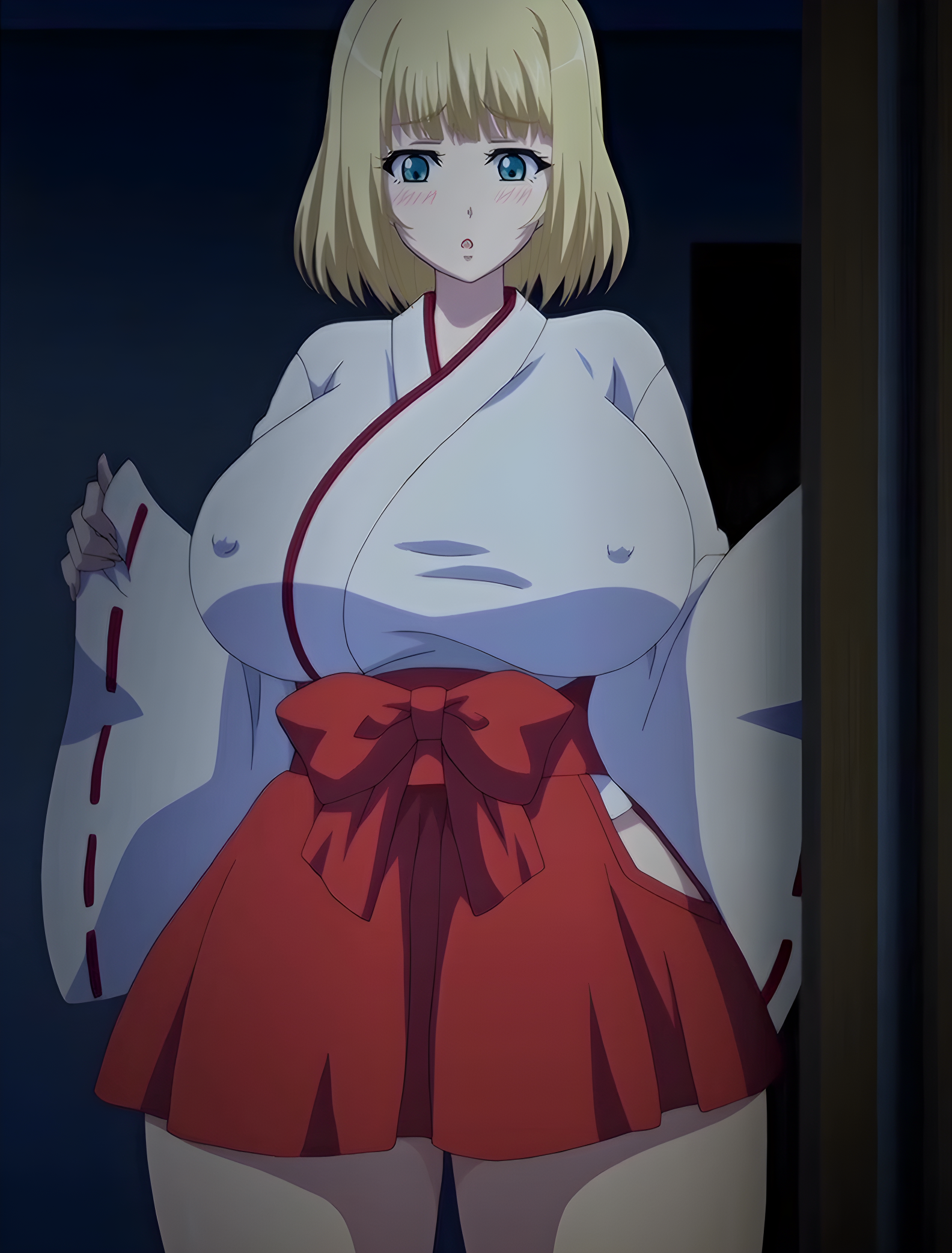 alisa (katainaka ni totsui de kita russia musume to h shimakuru ohanashi), big breasts, blonde hair, blue eyes, breasts, cosplay, female, katainaka ni totsui de kita russia musume to h shimakuru ohanashi, mature female, miko, miko outfit, screencap, short hair, solo