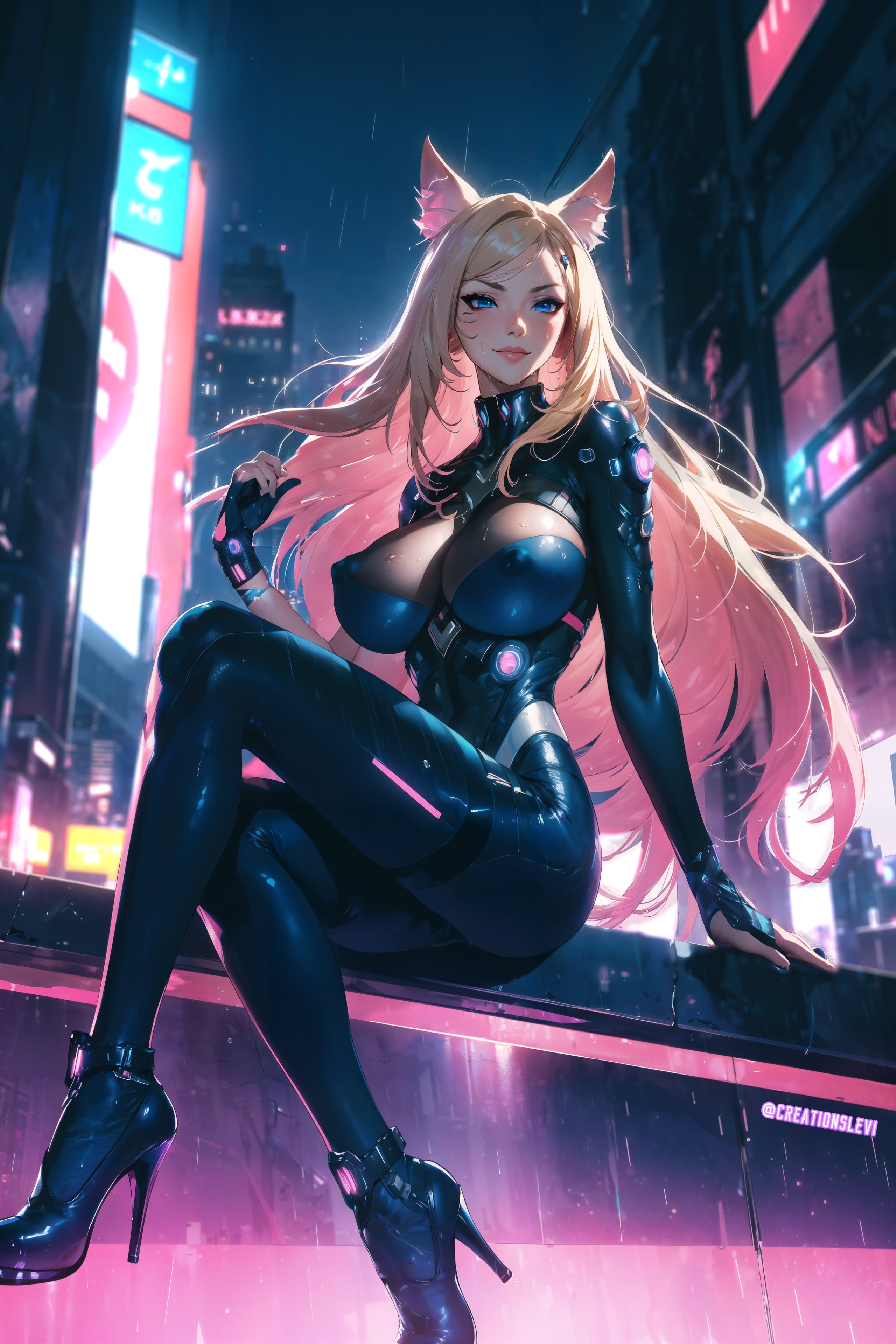 ahri, ai generated, big breasts, blonde hair, blue eyes, breasts, creationslevi, crossover, cyberpunk, cyberpunk 2077, female, k/da ahri, k/da all out ahri, latex, league of legends, neon, nine tailed fox, nipples, seductive, sitting