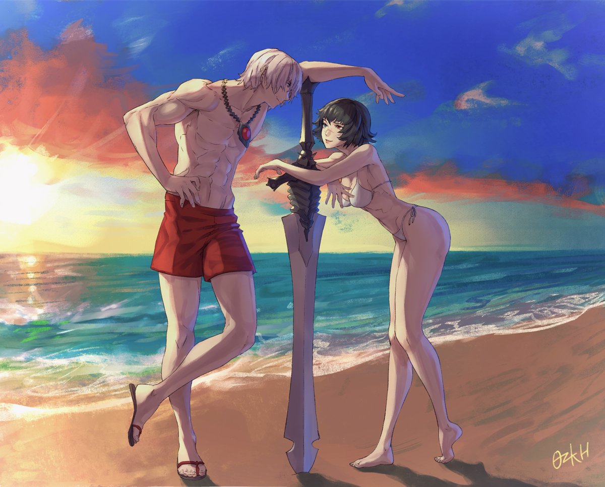 1boy 1boy1girl 1girls beach bikini black_hair breasts capcom chair cleavage dante devil_may_cry devil_may_cry_3 eye_contact female lady_(devil_may_cry) looking_at_another ozkh ozkh6 rebellion_(sword) shirtless short_hair silver_hair smile straight swimsuit sword weapon