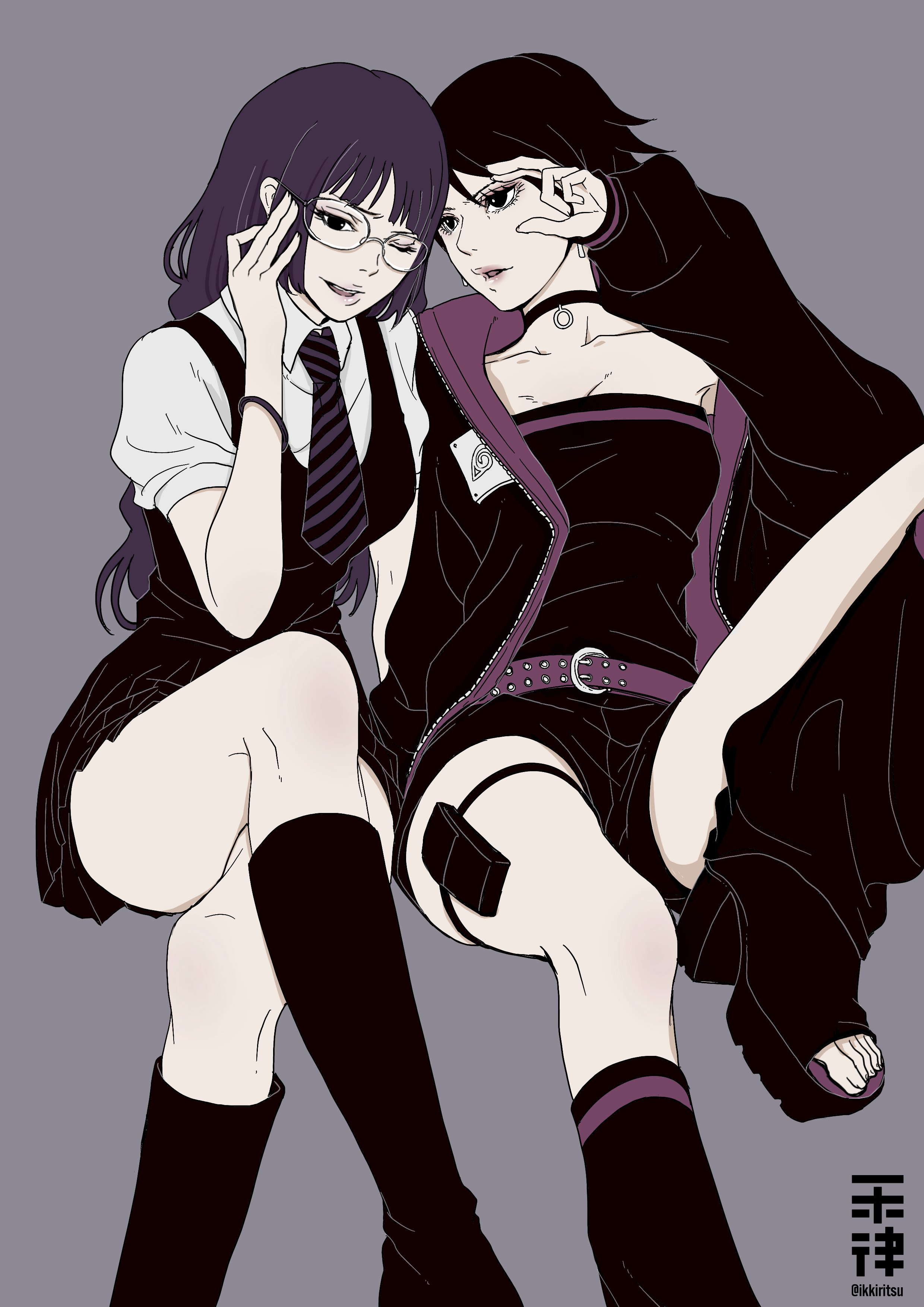 2girls, absurdres, bare thighs, black collar, black dress, black eyes, black hair, boruto: two blue vortex, breasts, choker, clothed, collar, collarbone, crossed legs, dress, female, female only, glasses, high heels, highres, ikkiritsu, jacket, kakei sumire, long hair, medium breasts, miniskirt, multiple females, multiple girls, naruto, naruto (series), necktie, purple eyes, purple hair, sarada uchiha, school uniform, short hair, shorts, simple background, sitting, skirt, strapless, thighs, tube top, uchiha sarada