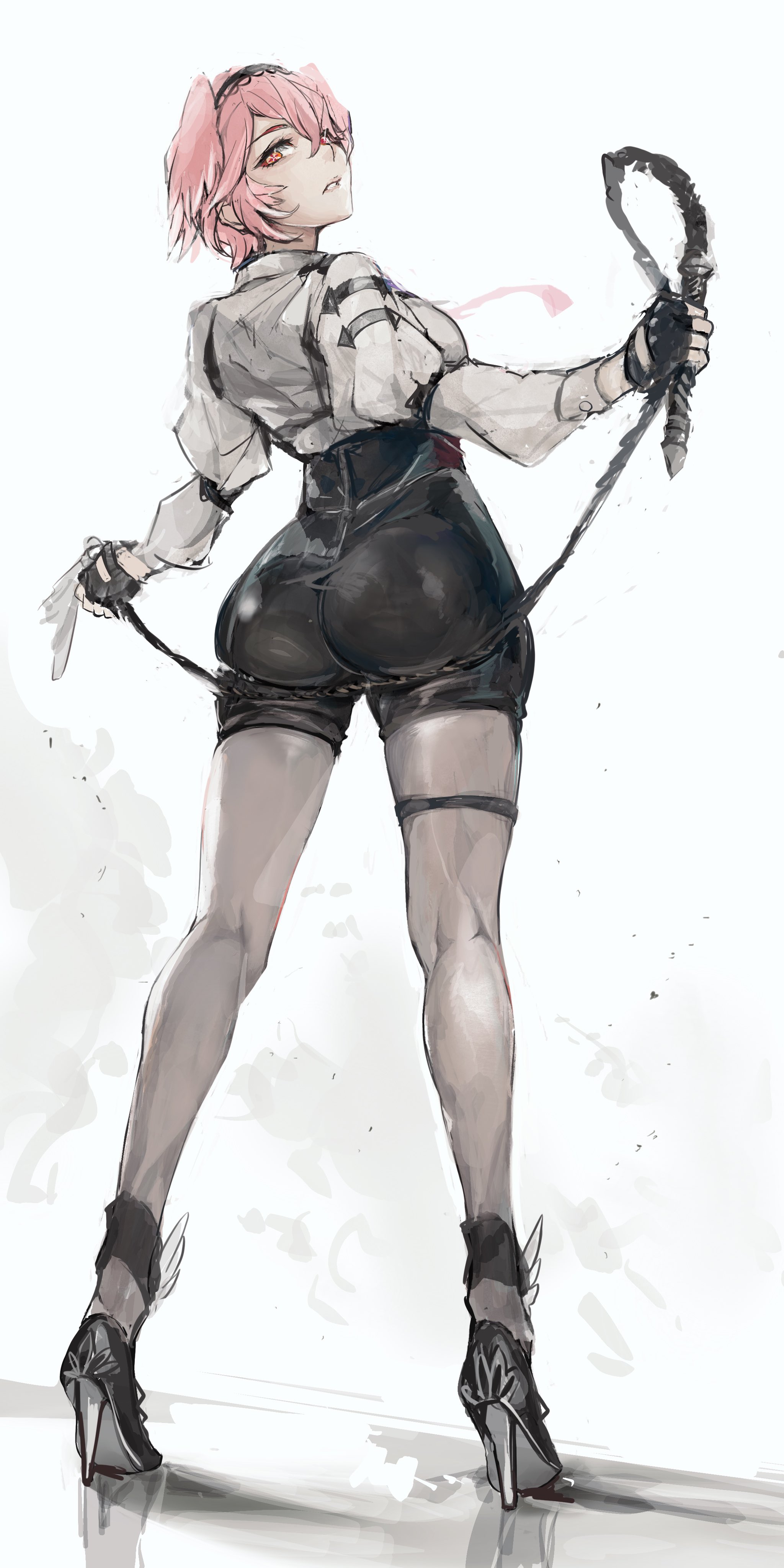 1girls, 2d, ass, ass focus, back, back view, behind, behind view, big ass, big butt, bird girl, biting lip, biting own lip, clothed, digital drawing (artwork), eokakuman, fat ass, female, female focus, female only, hair, hololive, hololive japan, holox, huge ass, huge butt, large ass, large butt, legs, legs apart, light skin, light-skinned female, long legs, looking back, mostly clothed, open eyes, orange eyes, partially clothed, pink hair, pussy, short hair, standing, stockings, takane lui, tall, thick ass, thick lips, tight clothes, tight clothing, tight pussy, virtual youtuber, whip