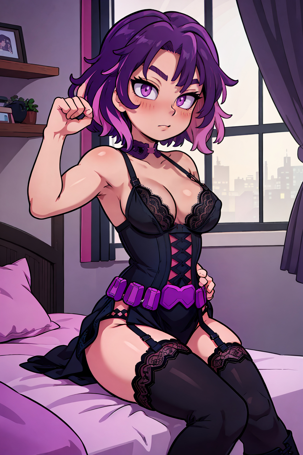 ai generated, bedroom setting, cleavage, female, garter straps, kaina tsutsumi, lady nagant, lingerie, my hero academia, purple eyes, purple hair, sitting on bed, solo, thighhighs, toonysphere