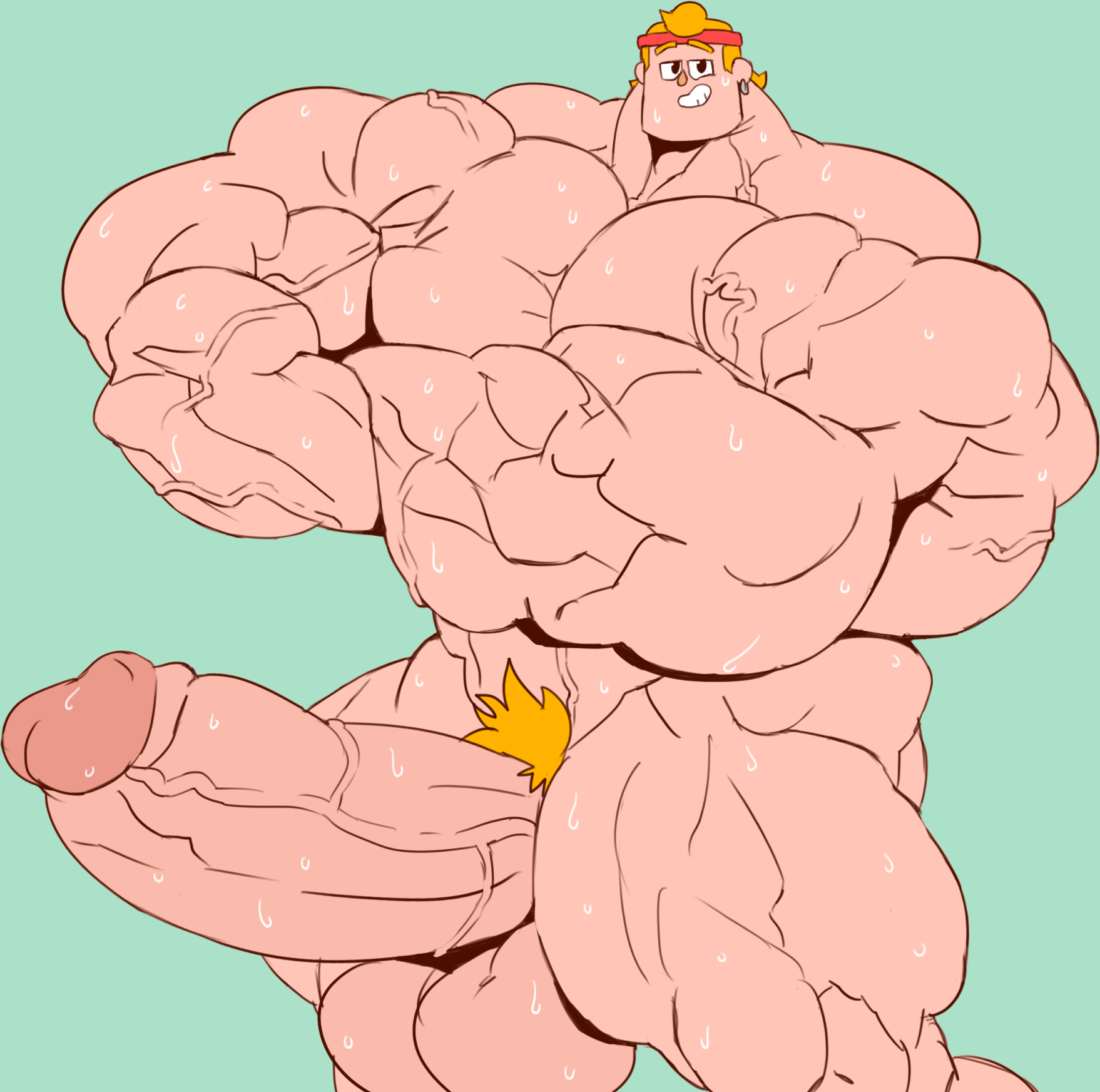 balls, bara, big balls, big muscles, big penis, boner, crossed arms, duolingo, eddy (duolingo), erection, headband, human, hyper genitalia, hyper muscles, hyper penis, male, male only, muscles, muscular, nude, penis, remert, solo, solo male, sweat, sweating, yaoi