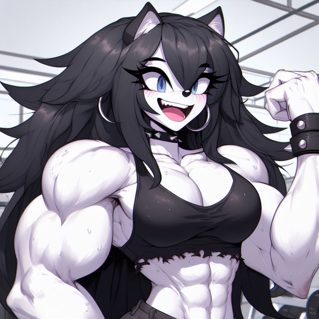 abs ai_generated anthro black_hair bracelet breasts canine canis choker earrings huge_breasts long_hair luni_the_wolf mammal muscular_female spiked_bracelet spiked_choker white_background white_body white_fur wolf