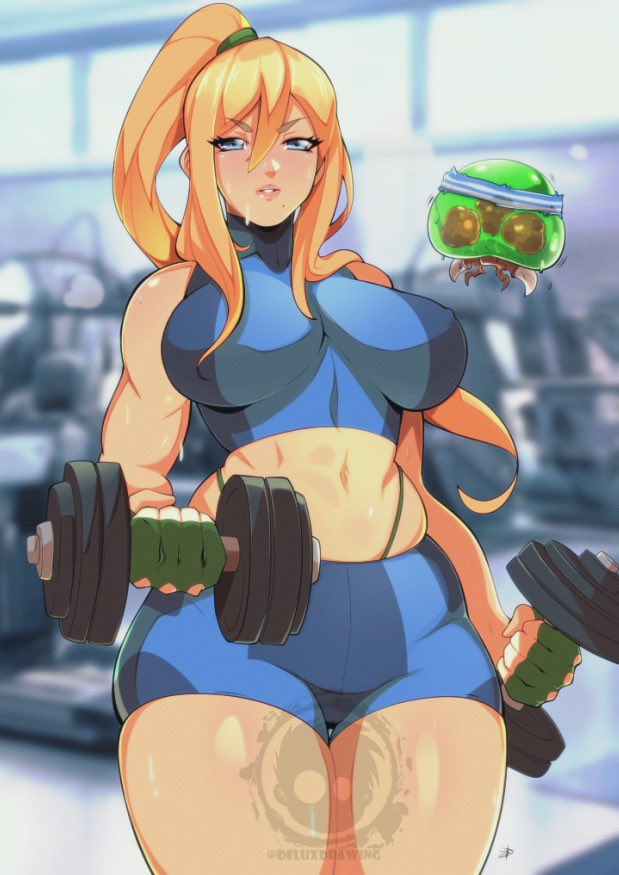 1girls blonde_hair blue_eyes breasts delux female female_only large_breasts looking_at_viewer metroid samus_aran thighs wide_hips