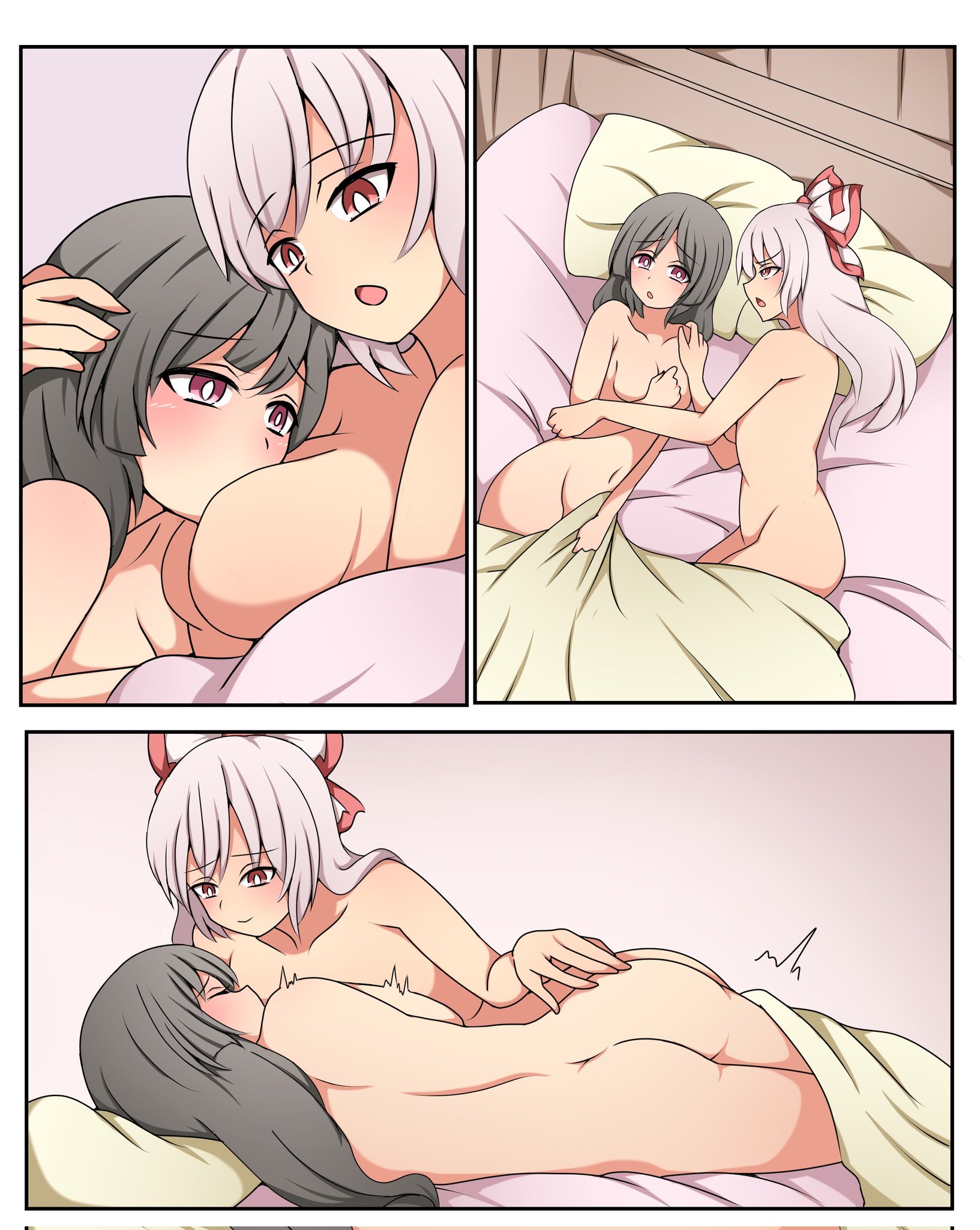 2girls, ass, back, bed, black hair, blanket, bow, breast sucking, breasts, closed eyes, corrupted twitter file, female, female focus, female only, female/female, fujiwara no mokou, hand on another's arm, hand on another's ass, hand on another's head, highres, houraisan kaguya, kaguya houraisan, lesbian, lesbians, long hair, looking at another, multiple females, multiple girls, nude, pillow, pink hair, red eyes, scene reference, smile, suwaneko, touhou, trembling, under covers, yuri