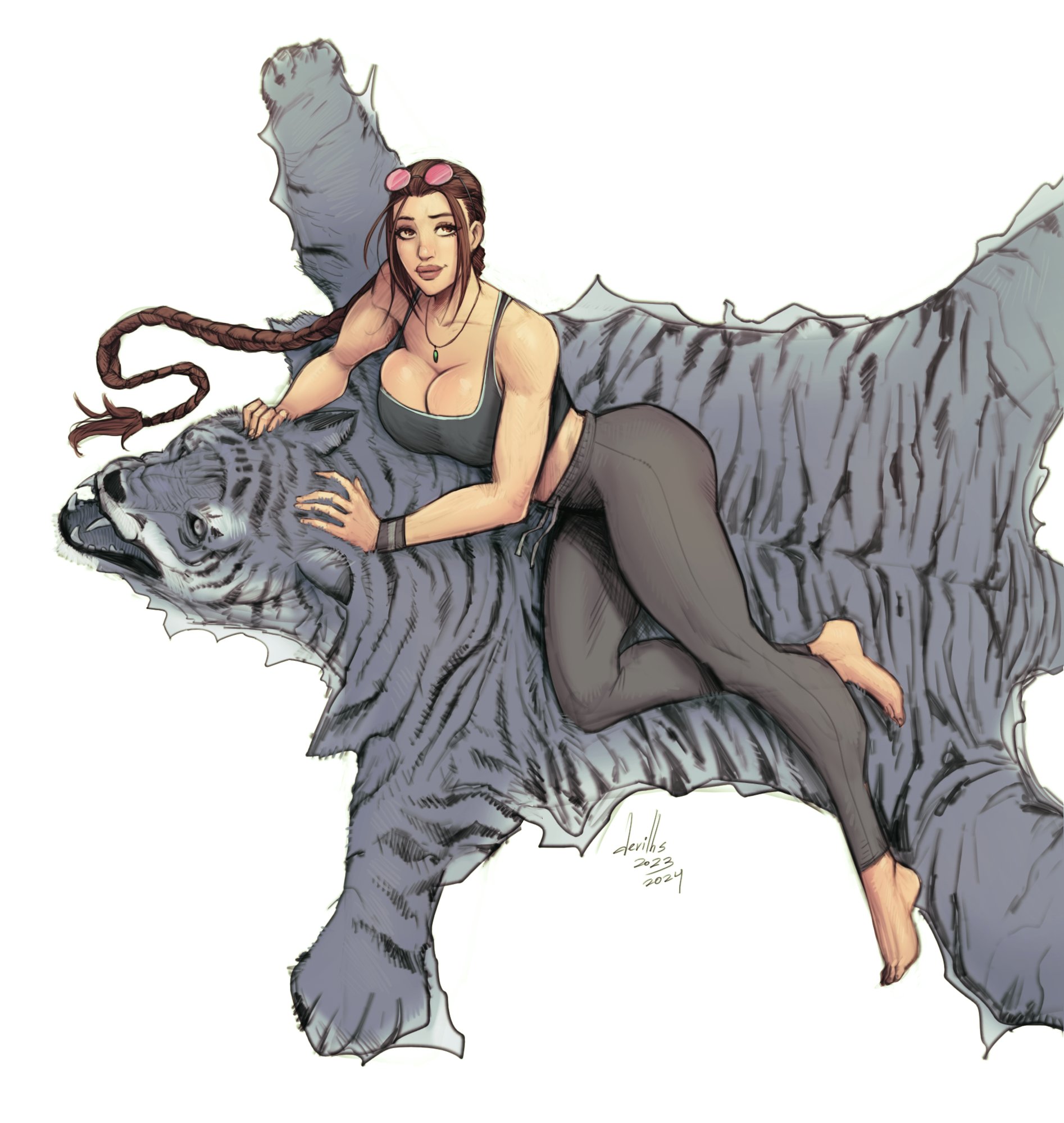 1girls, 2024, ass, barefoot, big breasts, big lips, bimbo, bracelet, braid, breasts, brown eyes, brown hair, bubble ass, bubble butt, busty, cleavage, curvy, devil hs, eyewear on head, female, fit, fit female, hourglass figure, lara croft, lara croft (classic), laying down, leggings, long hair, necklace, pinup, pinup pose, slim waist, solo, solo female, sunglasses on head, tagme, tank top, tight pants, tomb raider, tomb raider (classic), voluptuous, voluptuous female, wide hips