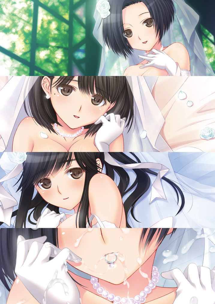 anegasaki_nene bare_shoulders black_hair blush breasts bridal_veil bride brown_eyes cleavage cum dress earrings elbow_gloves facial female female_only flower fusataka_shikibu gloves hair_flower hair_ornament jewelry kobayakawa_rinko long_hair looking_at_viewer love_plus mole mouth_hold multiple_girls necklace no_visible_genitalia pearl_necklace ring sample short_hair smile takane_manaka veil wedding wedding_dress wedding_ring