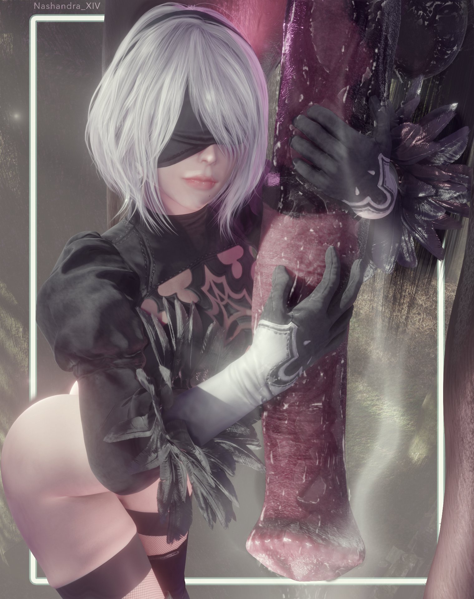 3d, absurdly large cock, android, blender, blindfold, cock worship, female, horse, horse penis, horsecock, male, nashandraffxiv, nier: automata, penis, short hair, white hair, yorha 2b, zoophilia
