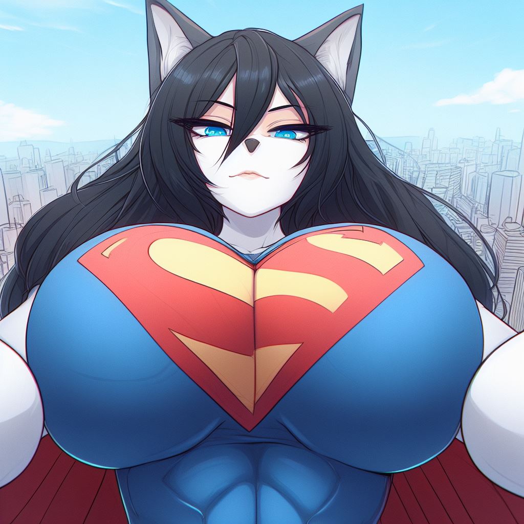 ai_generated anthro big_breasts black_hair blue_eyes blue_sky breasts building buildings canine canis cloud clouds cosplay costume huge_breasts long_hair luni_the_wolf mammal muscular_female outside sky superheroine white_fur wolf