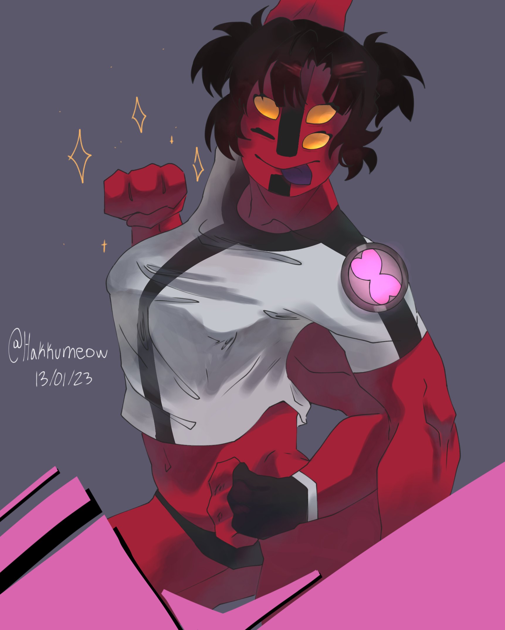 alien, ben 10, black hair, black panties, breasts, chaquetrix, female, fourarms, hakkumeow, large breasts, muscular, muscular female, navel, red skin, tetramand, tomboy, tongue, tongue out, wink