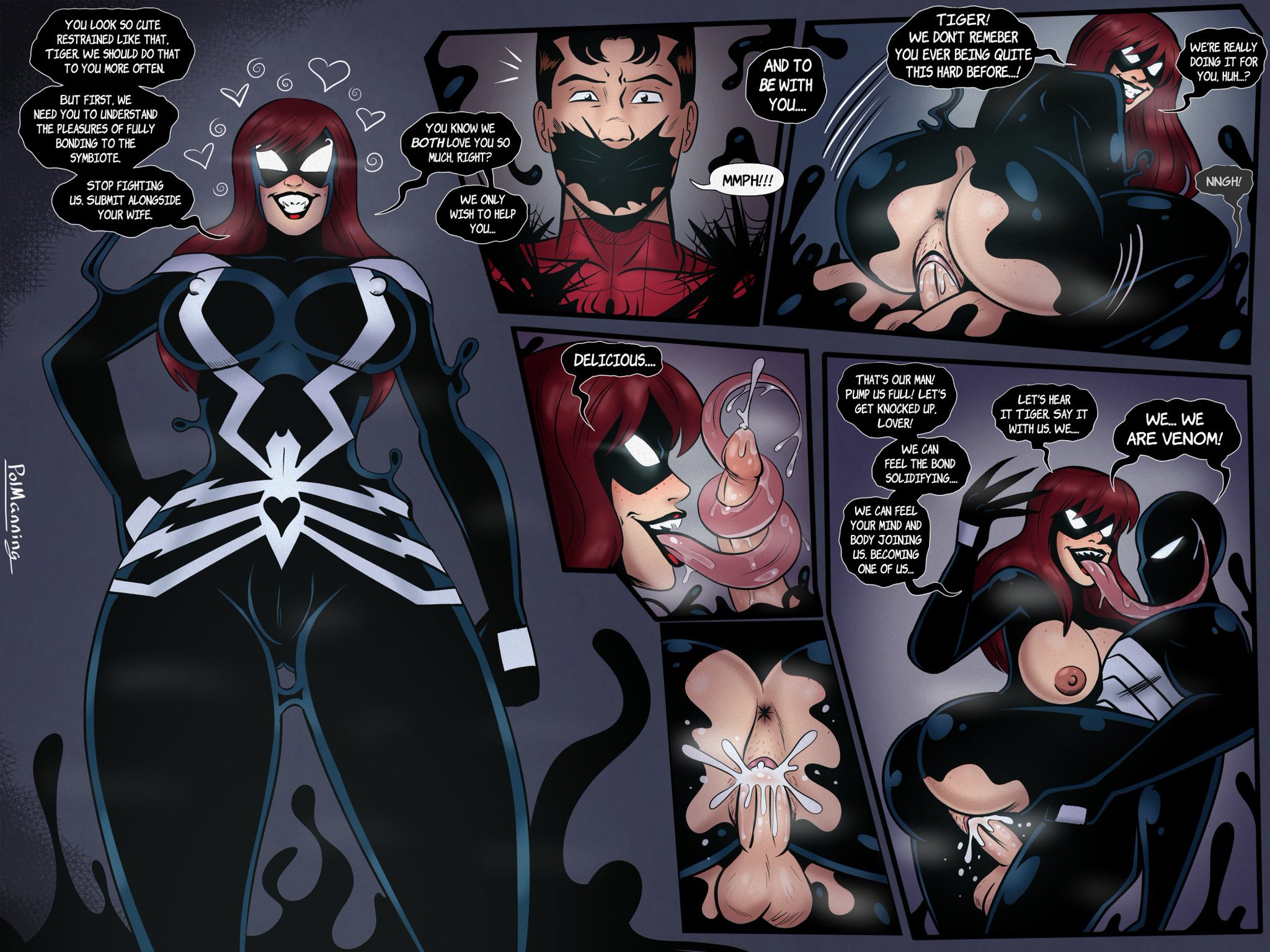 1boy, 1girls, ass, blowjob, breasts, clothing, corruption, cum, cum in pussy, cum inside, enemy conversion, fellatio, female, female on top, femdom, hero, long hair, male, male/female, marvel, marvel comics, mary jane watson, mind control, nipples, open mouth, oral, penetration, penis, peter parker, polmanning, possession, pussy, rape, red hair, restrained, she-venom, smile, spider-man, spider-man (series), spread legs, straight, sucking, superhero, symbiote, tongue, tongue out, transformation, vaginal penetration, venom, venom (marvel), voluptuous, wide hips