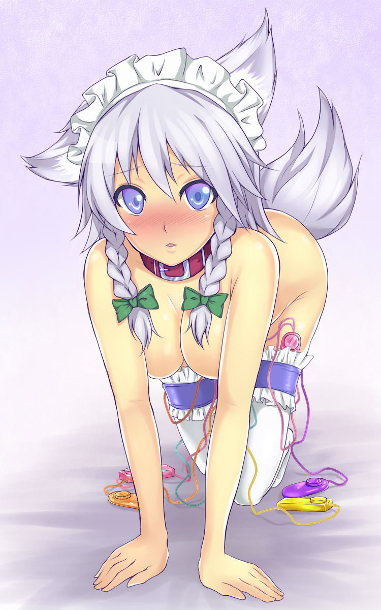 1girls all_fours animal_ears blue_eyes blush booty bow braid breasts collar color dog_ears dog_girl dog_tail egg_vibrator female female_only front_view fur furry_ears furry_tail grey_fur grey_hair hair highres inu_sakuya large_breasts long_hair looking_at_viewer maid_headdress makita_(twosidegekilove) nude open_eyes pointy_ears sakuya_izayoi sex_toy short_hair simple_background solo stockings tail team_shanghai_alice thighhighs too_many_vibrators touhou twin_braids uncensored vibrator vibrator_in_thighhighs