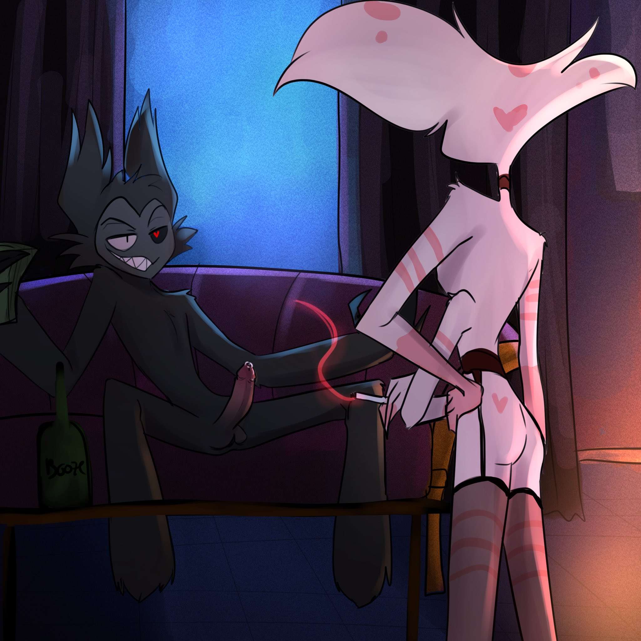 angel dust (hazbin hotel), artist request, gay, hand on hip, hazbin hotel, male, nude, nude male, precum, smoking, stockings, travis (hazbin hotel)