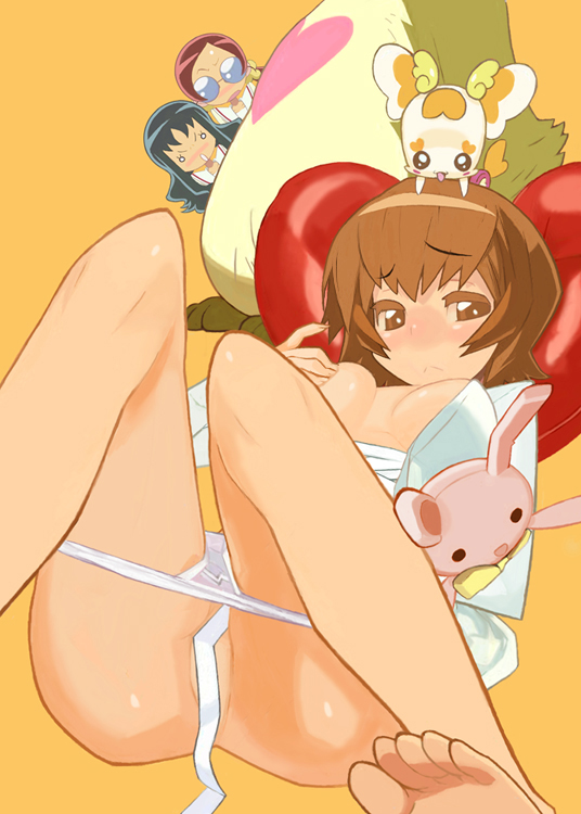 brown_eyes brown_hair censored clothing coupe erika_kurumi feet glasses heartcatch_precure! heartcatch_pretty_cure! itsuki_myoudouin kurumi_erika panties potpourri_(heartcatch_precure!) precure pretty_cure short_hair small_breasts stuffed_animal stuffed_bunny stuffed_rabbit stuffed_toy toes tsubomi_hanasaki underwear yuuki_(irodo_rhythm)