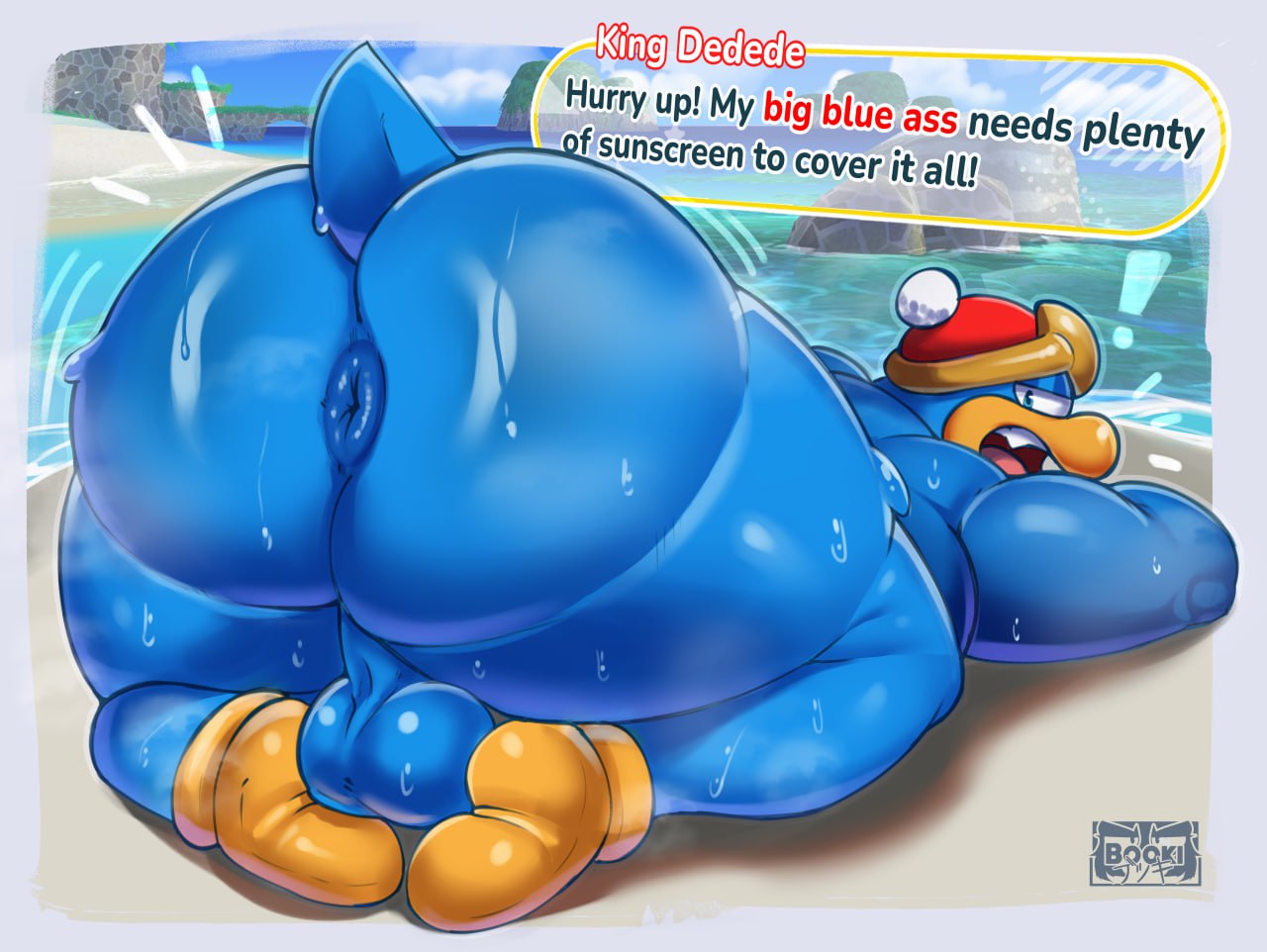 2024 all_fours anthro anus ass avian backsack balls beach big_butt blue_body bodily_fluids clothing detailed_background dialogue el_booki english_text genitals hat headgear headwear king_dedede kirby_(series) male musk nintendo outside overweight overweight_male solo sweat text