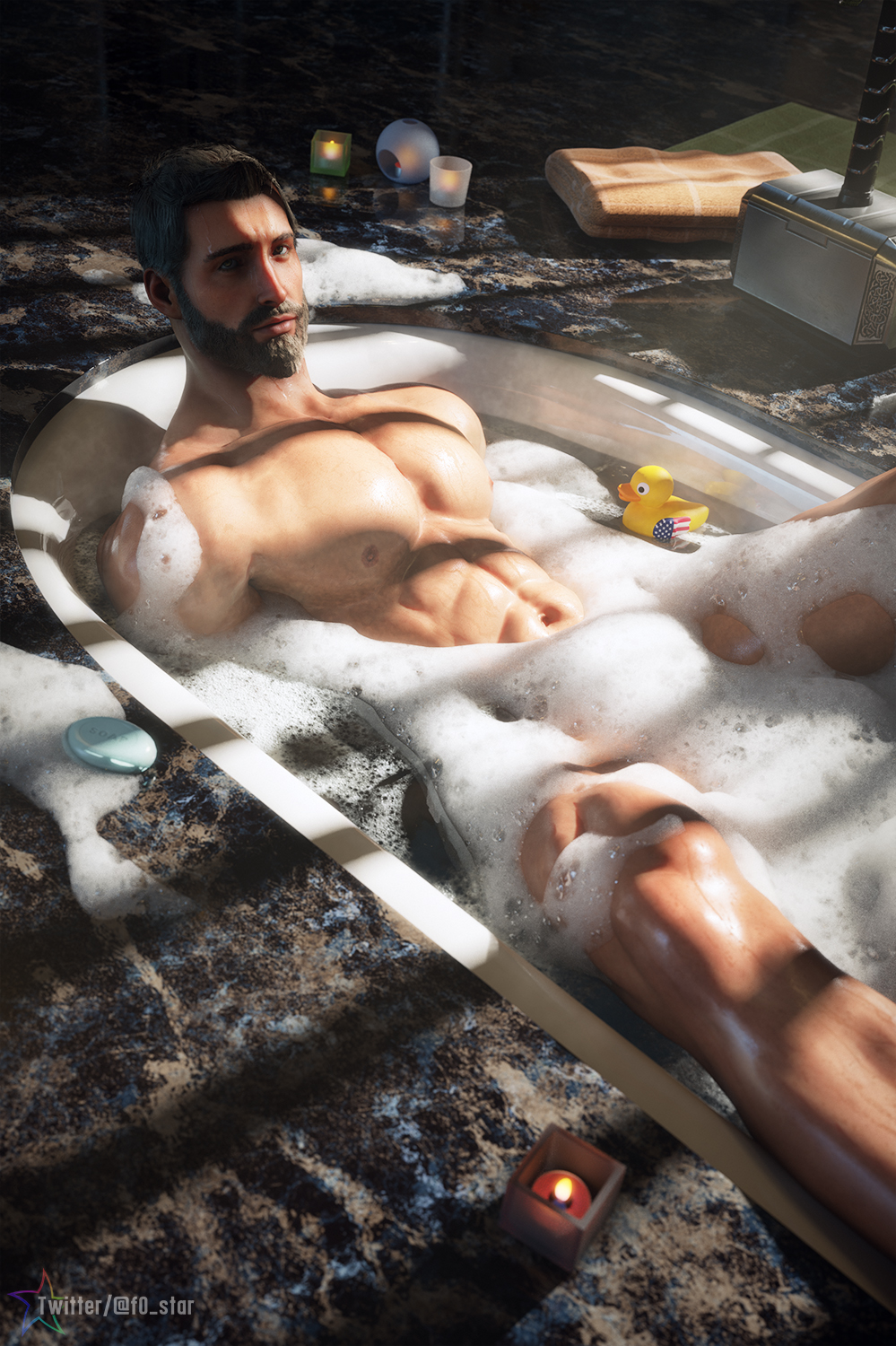 3d 3d_(artwork) 3d_model bath bathing blonde_hair brown_eyes f0-star looking_at_viewer male male_focus male_only marvel marvel_cinematic_universe marvel_comics muscular muscular_male rubber_duck solo solo_focus solo_male thor_(marvel) thor_(series)