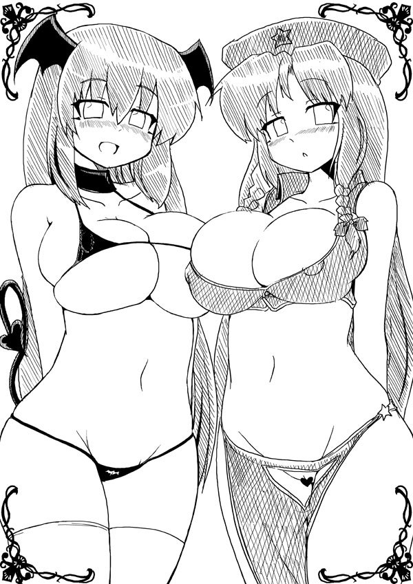 2d, 2girls, bat wings, bikini, braid, breasts, bursting breasts, censored, cleavage, crotchless clothes, curvy, demon, demon tail, erect nipples, fat mons, female, female only, hat, head wings, heart, hong meiling, huge breasts, koakuma, large breasts, long hair, looking at viewer, micro bikini, monochrome, mound of venus, multiple females, multiple girls, nipples, no bra, no panties, novelty censor, okiraku nikku, open mouth, pointless censoring, pussy, skindentation, smile, smiling at viewer, succubus, swimsuit, tail, team shanghai alice, the embodiment of scarlet devil, touhou, twin braids, underboob, white background, wings