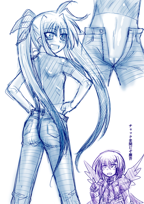 artist_request jeans lyrical_nanoha mahou_shoujo_lyrical_nanoha mahou_shoujo_lyrical_nanoha_a's material-d material-l monochrome open_fly sketch straight_hair text tied_hair translated twintails unzipped