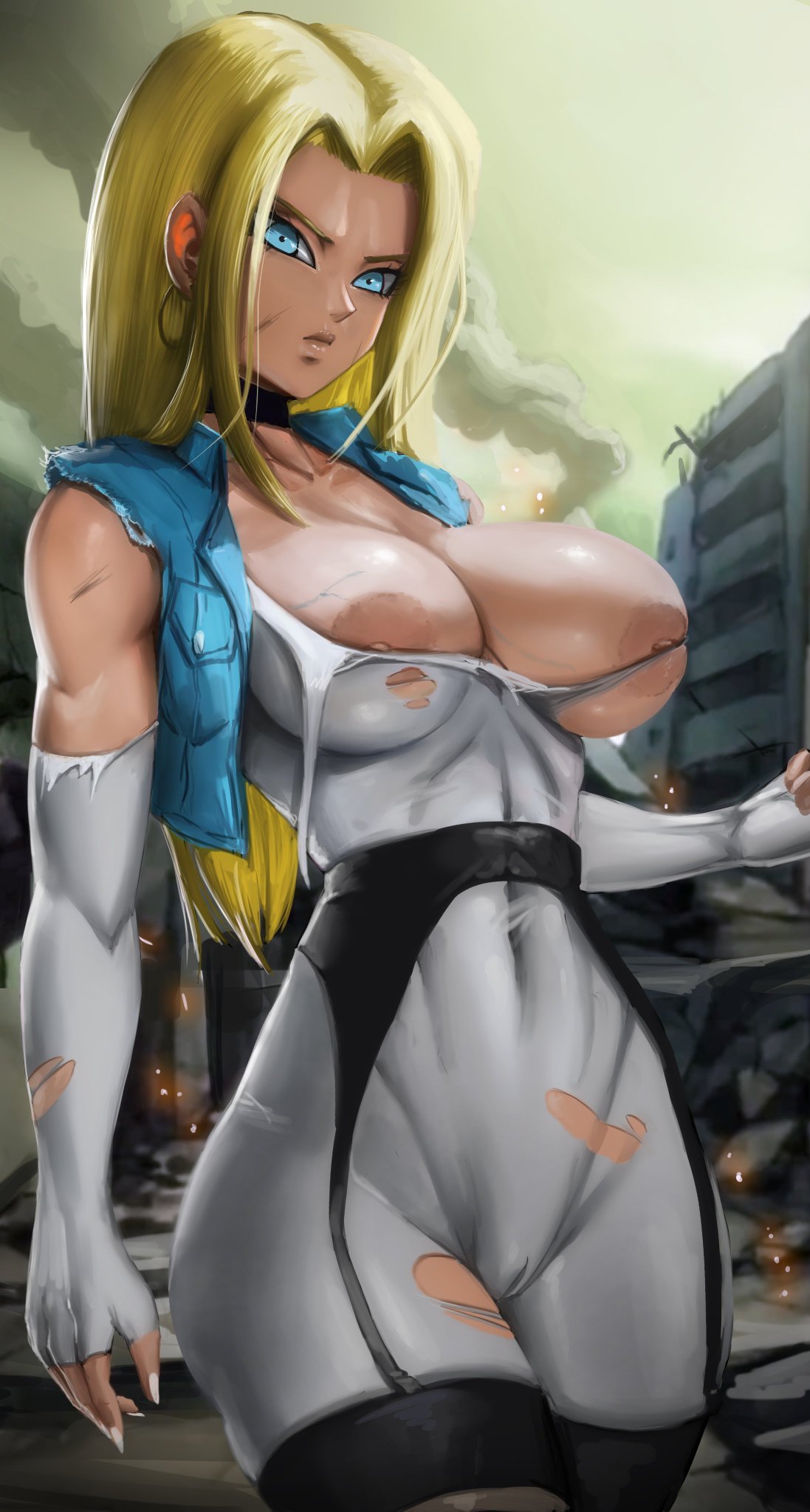 1girls android_18 bare_breasts big_breasts blonde_hair blue_eyes clothed clothing color dragon_ball elitenappa female female_focus female_only fit_female gloves hi_res large_breasts long_hair looking_at_viewer muscular muscular_female nipples pussy_visible_through_clothes ripped_clothing solo solo_female thick_thighs veins