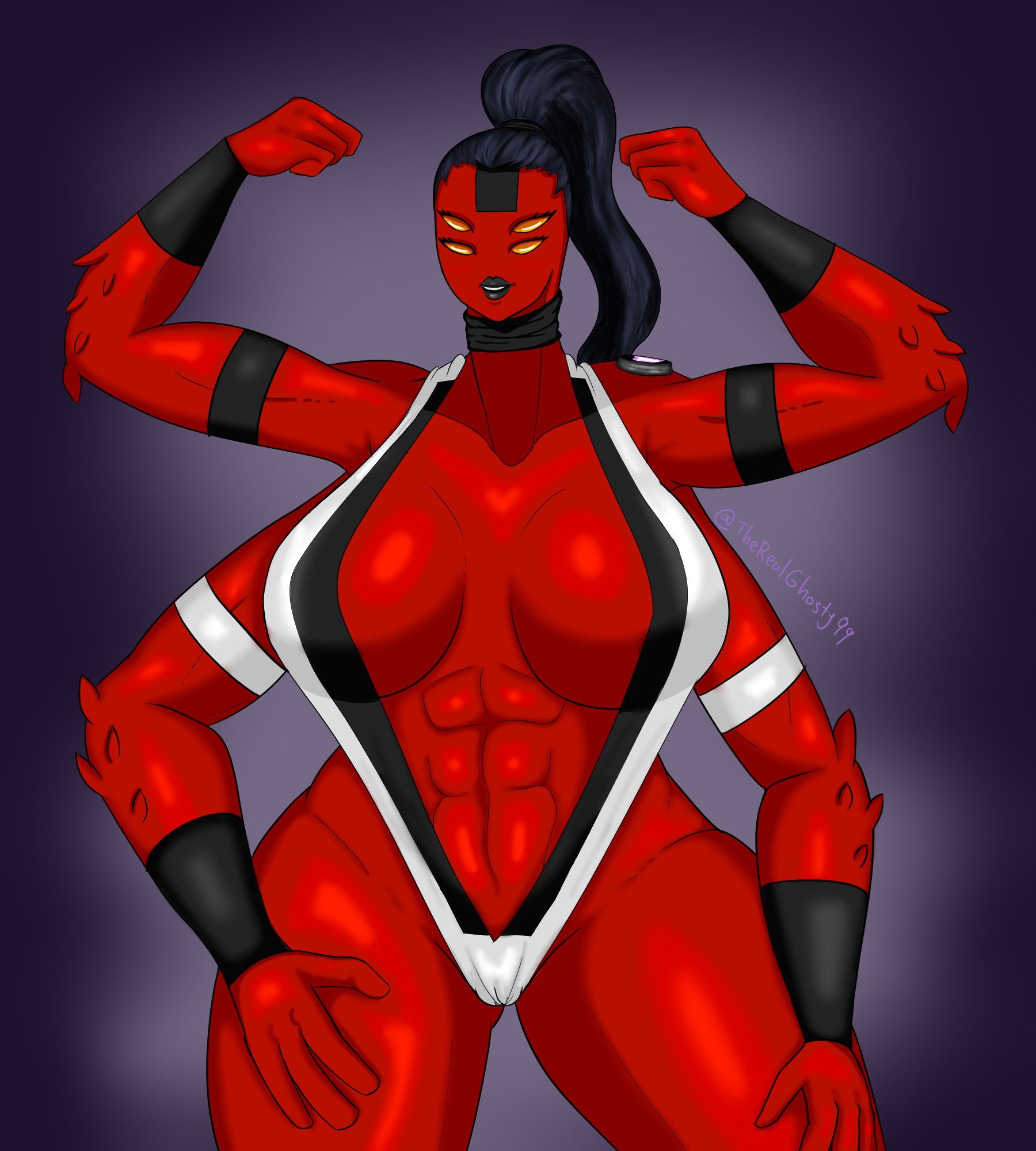 1girls, abs, ben 10, big breasts, black hair, black lips, breasts, breasts apart, chaquetrix, eyelashes, female, flexing, fourarms, huge breasts, large breasts, muscular, muscular female, navel, ponytail, red skin, sling bikini, tetramand, therealghosty99, thick thighs, white bikini, wide hips