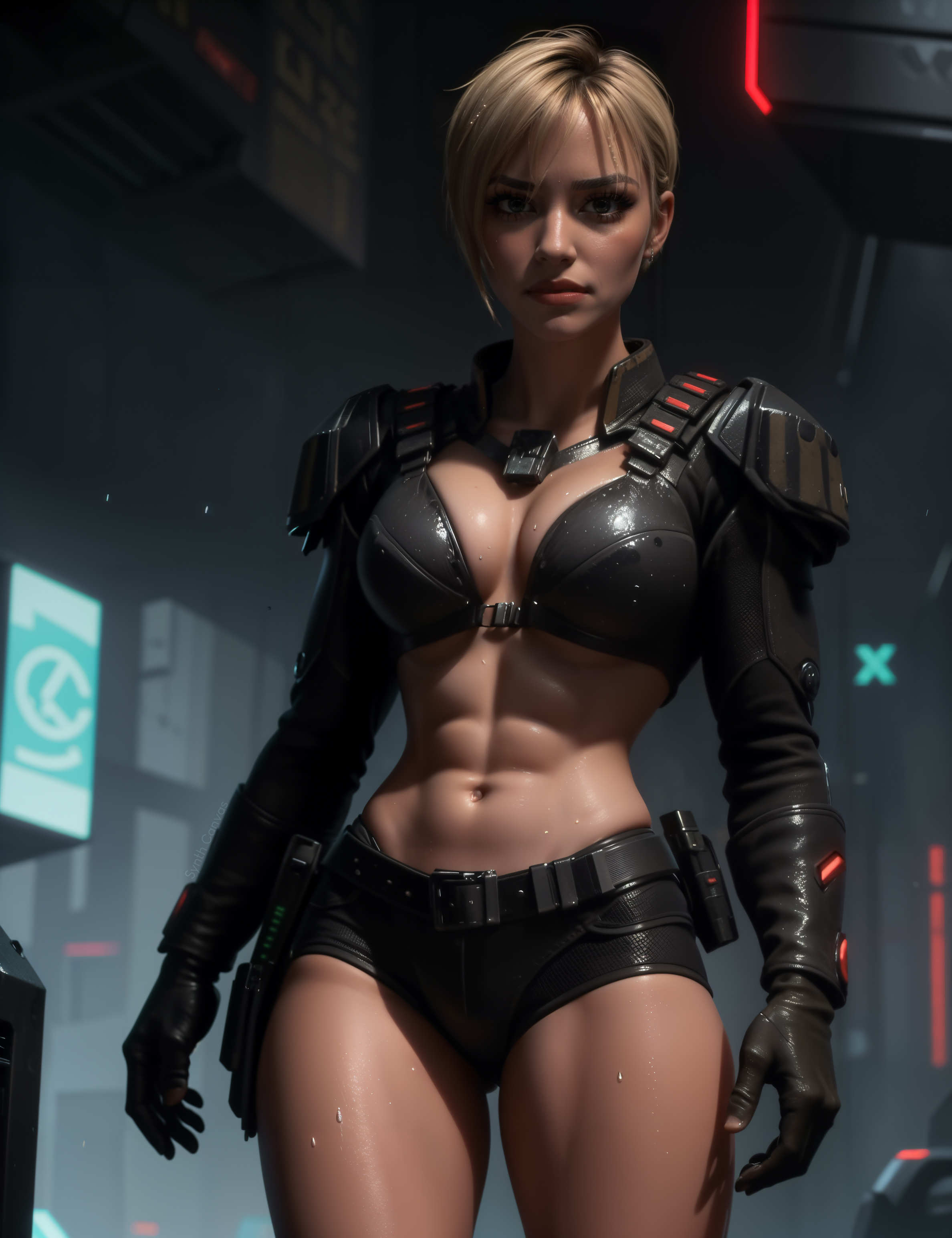 abs, ai generated, armored bra, black shorts, breasts, female, female only, sergeant calhoun, shorts, stable diffusion, synth canvas, tagme, wreck-it ralph