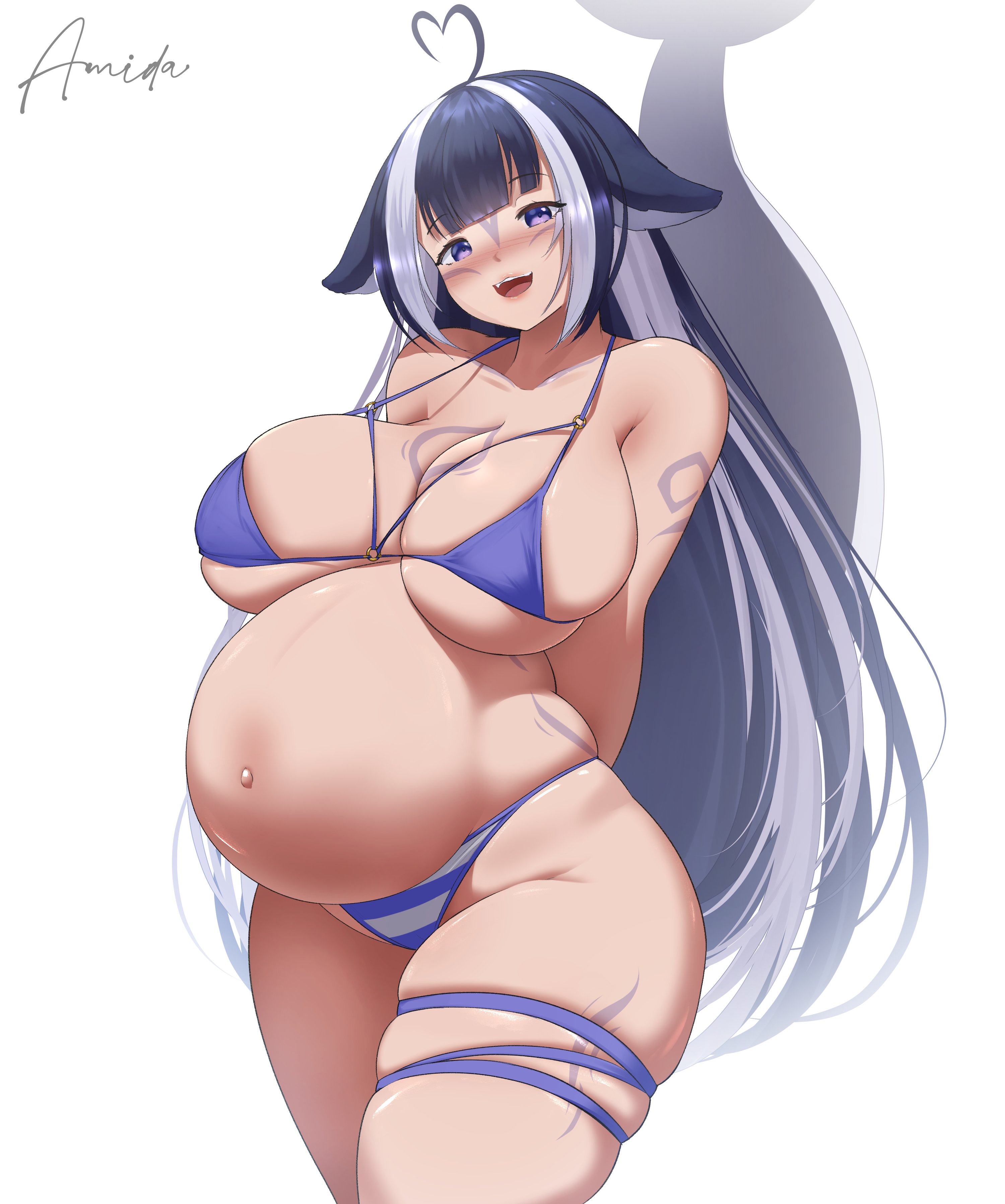 1girls, amidasketchbook, bikini, blue hair, breasts, female, huge breasts, indie virtual youtuber, large breasts, light skin, light-skinned female, long hair, naughty face, pregnant, purple eyes, shylily, tail, thick thighs, virtual youtuber, wide hips