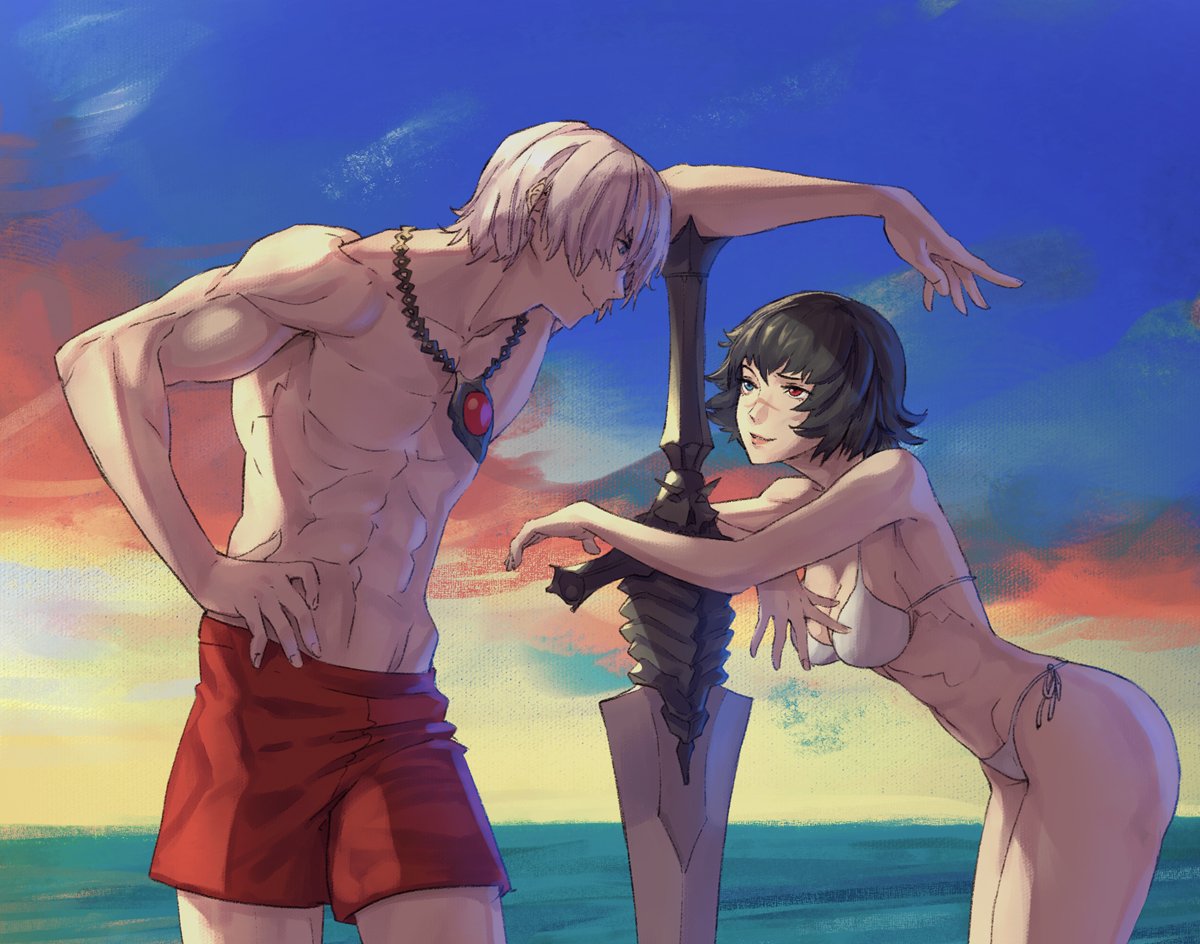 1boy 1boy1girl 1girls abs beach bikini black_hair breasts capcom chair cleavage dante devil_may_cry devil_may_cry_3 eye_contact female heterochromia lady_(devil_may_cry) looking_at_another muscular muscular_male necklace ocean ozkh ozkh6 rebellion_(sword) seaside shirtless short_hair silver_hair smile straight swimsuit sword water weapon