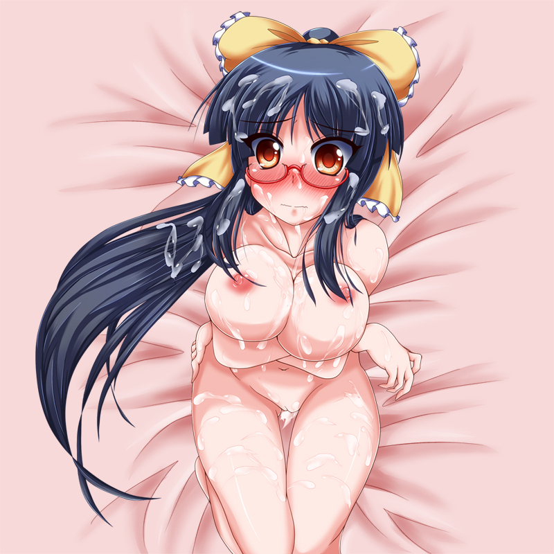 1girls black_hair blush bow breast_lift breasts brown_eyes cum cum_on_body eyewear female female_only glasses hairbow human ikue_fuuji kaguya_houraisan large_breasts long_hair nude ponytail reimu_hakurei solo team_shanghai_alice tied_hair touhou