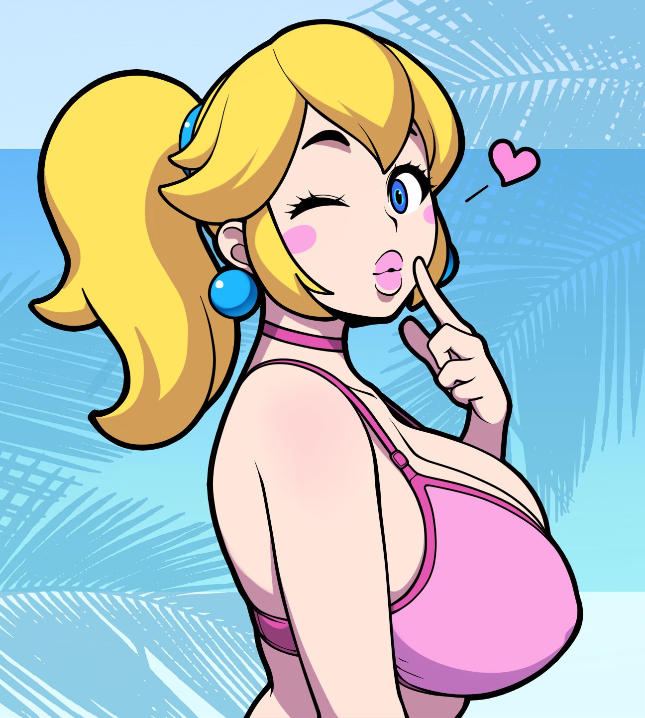 1girls 2023 big_breasts blonde_hair blowing_kiss blue_earrings blue_eyes blush blush_stickers bra breasts choker cleavage earrings female female_only from_side heart highres jam-orbital large_breasts lips lipstick looking_at_viewer makeup mario_(series) nintendo one_eye_closed outdoors pink_bra pink_choker pink_lips pink_lipstick pointing_at_self ponytail princess_peach puckered_lips side_view sideboob simple_background simple_shading solo tied_hair underwear upper_body wink winking winking_at_viewer